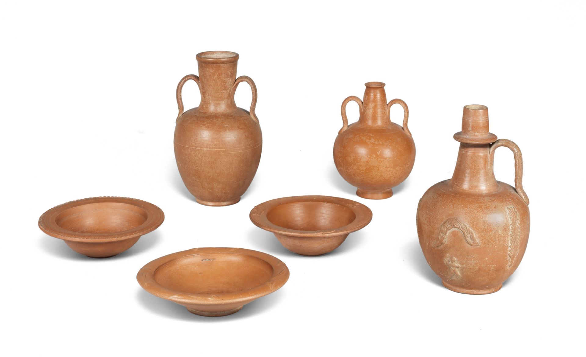 Five Roman red-slip ware pottery vessels and a Roman red-gloss ware bowl, 6