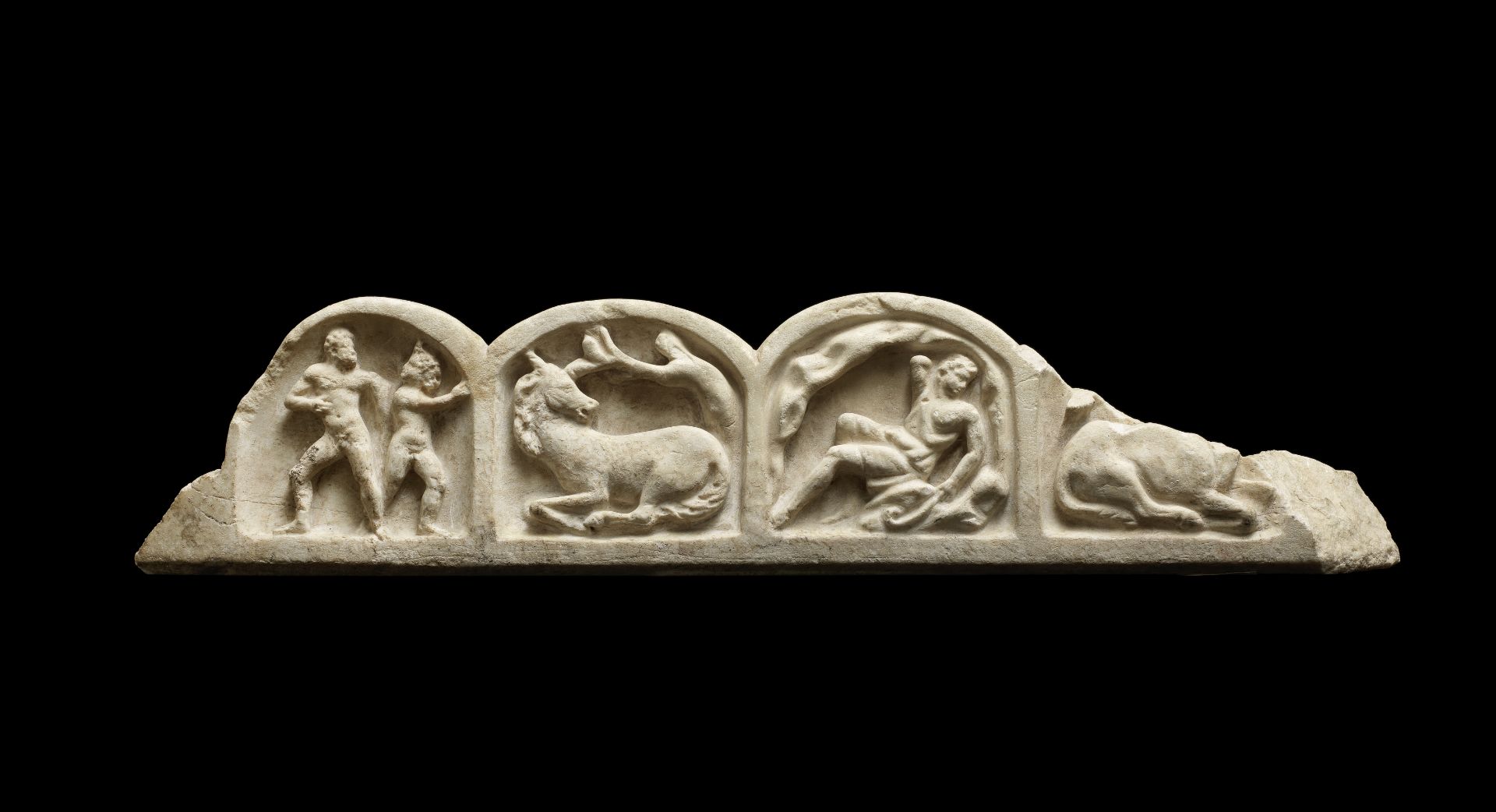 A Roman marble sarcophagus lid fragment with Endymion