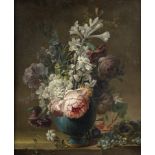 French School, 18th Century Roses, chrysanthemums and other flowers in a blue gilt-bronze mounted...