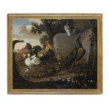 Studio of Melchior de Hondecoeter (Utrecht 1636-1695 Amsterdam) Peacocks, a cockerel, hens and du...