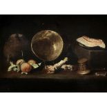 School of Seville, circa 1630-1660 Still life with a knife resting on an earthenware jug, a coppe...