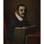 Bolognese School, 17th Century Portrait of a gentleman, half-length, seated at a draped table and...