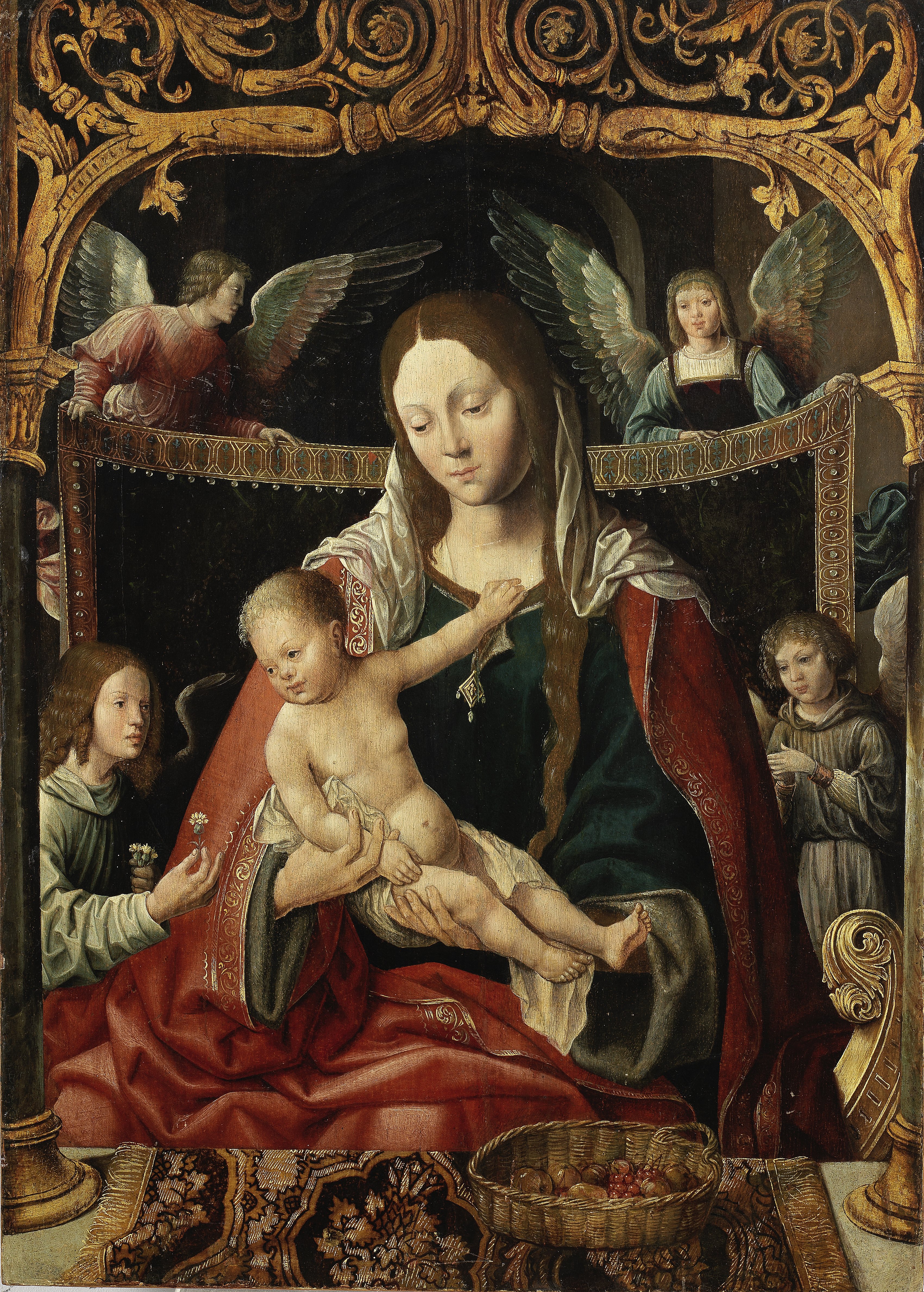 Netherlandish School, 16th Century The Madonna and Child enthroned flanked by angels unframed