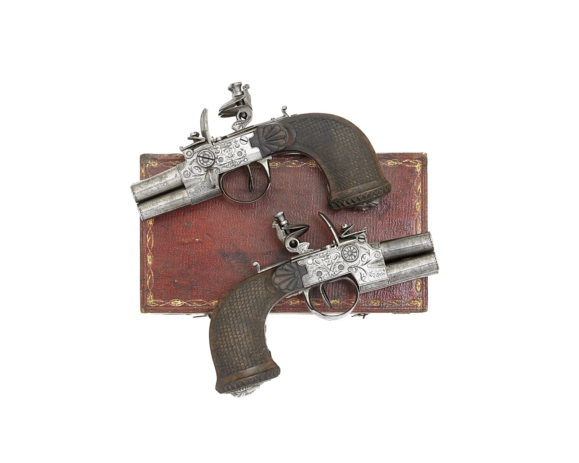 A Rare Pair Of French Cased Flintlock Four-Barrelled Box-Lock Tap-Action Pistols Of Smallbore