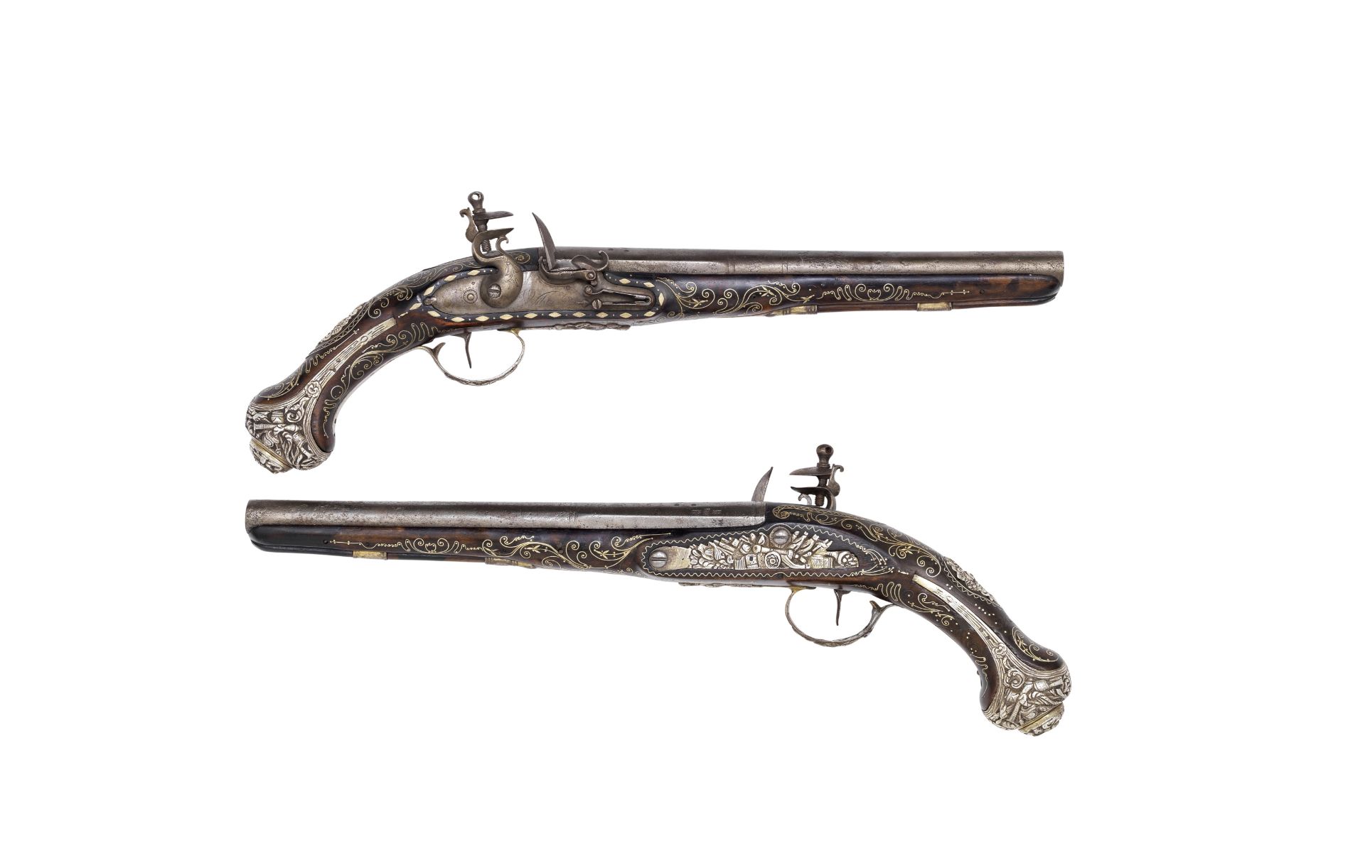 A Pair Of Turkish 18-Bore Flintlock Silver-Mounted Holster Pistols (2)