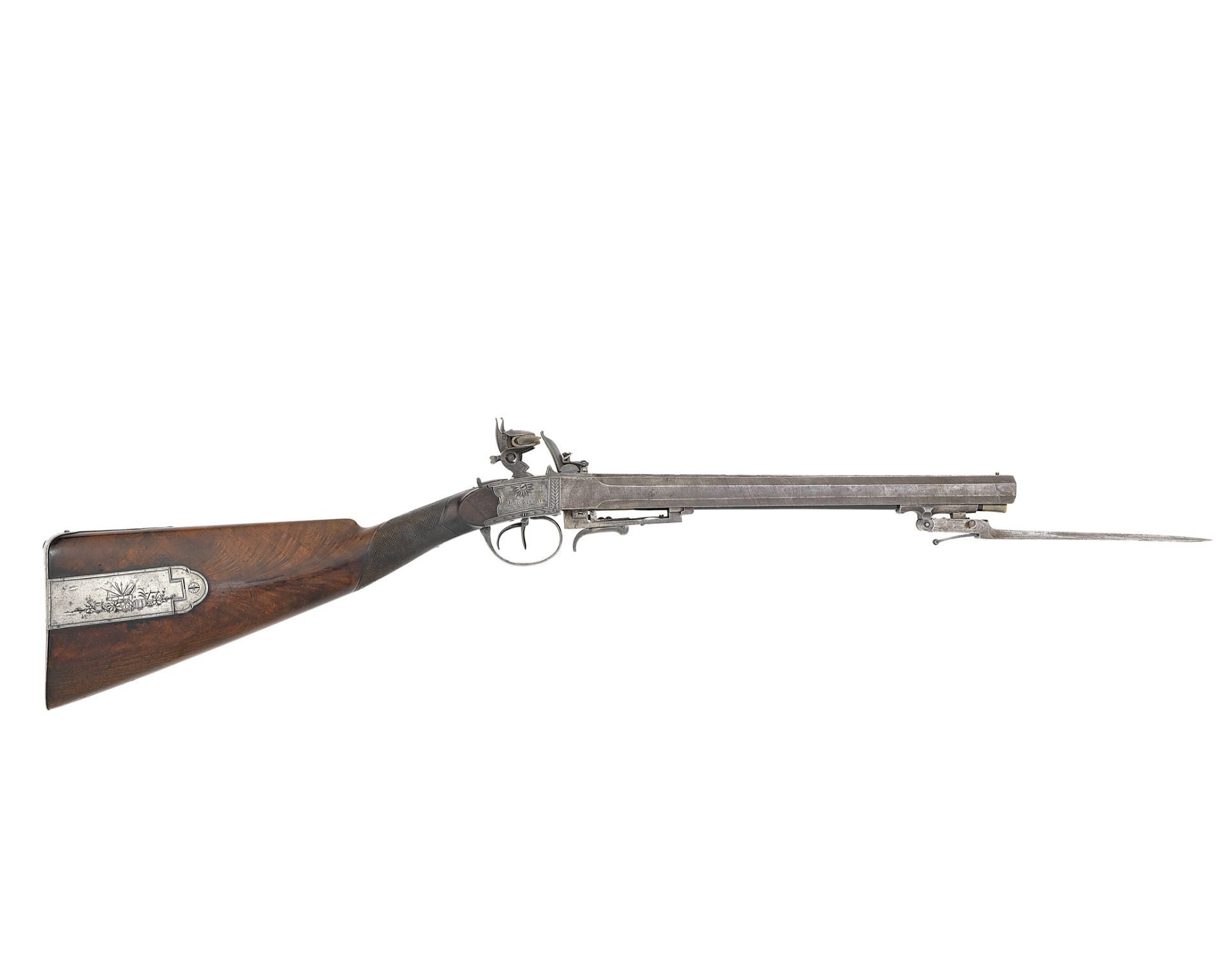 A Highly Unusual Irish 16-Bore Flintlock D.B. Carbine With Spring Bayonet