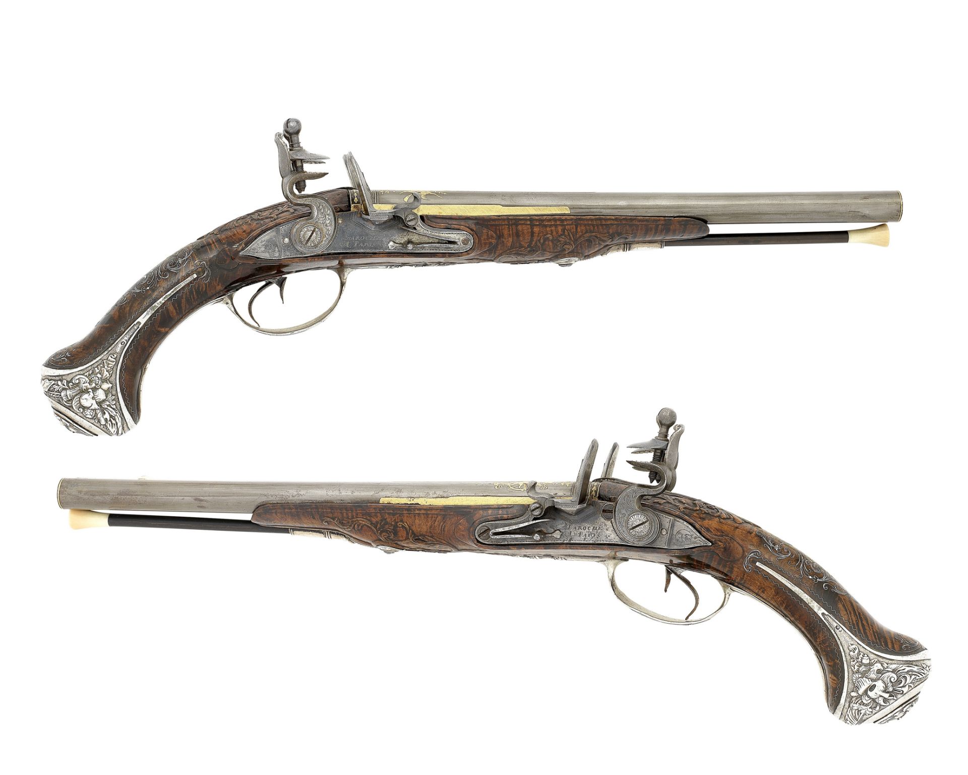 A Pair Of French 25-Bore Flintlock Silver-Mounted D.B. Pistols (2)