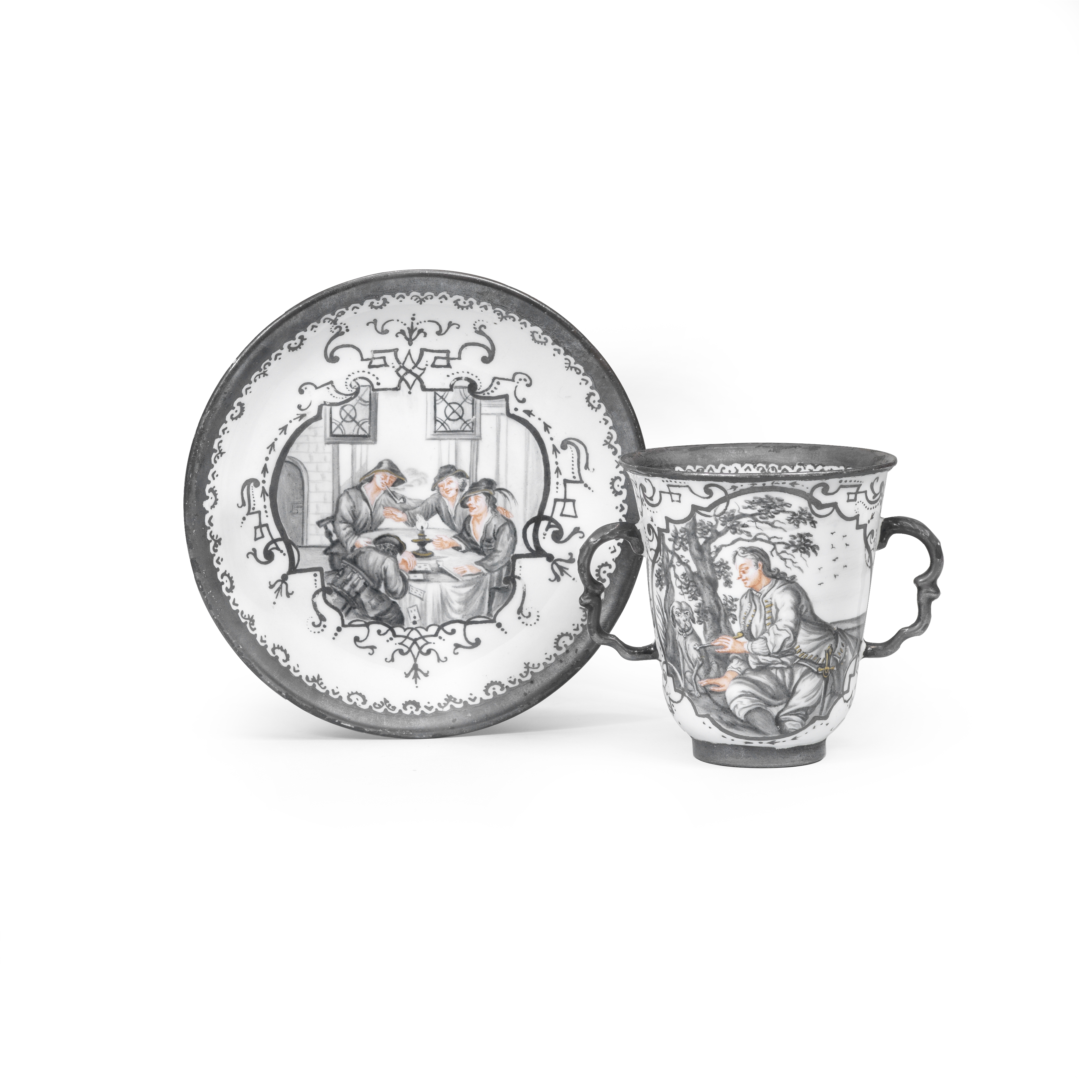 A Meissen Hausmaler double-handled beaker and saucer, circa 1720, the decoration later