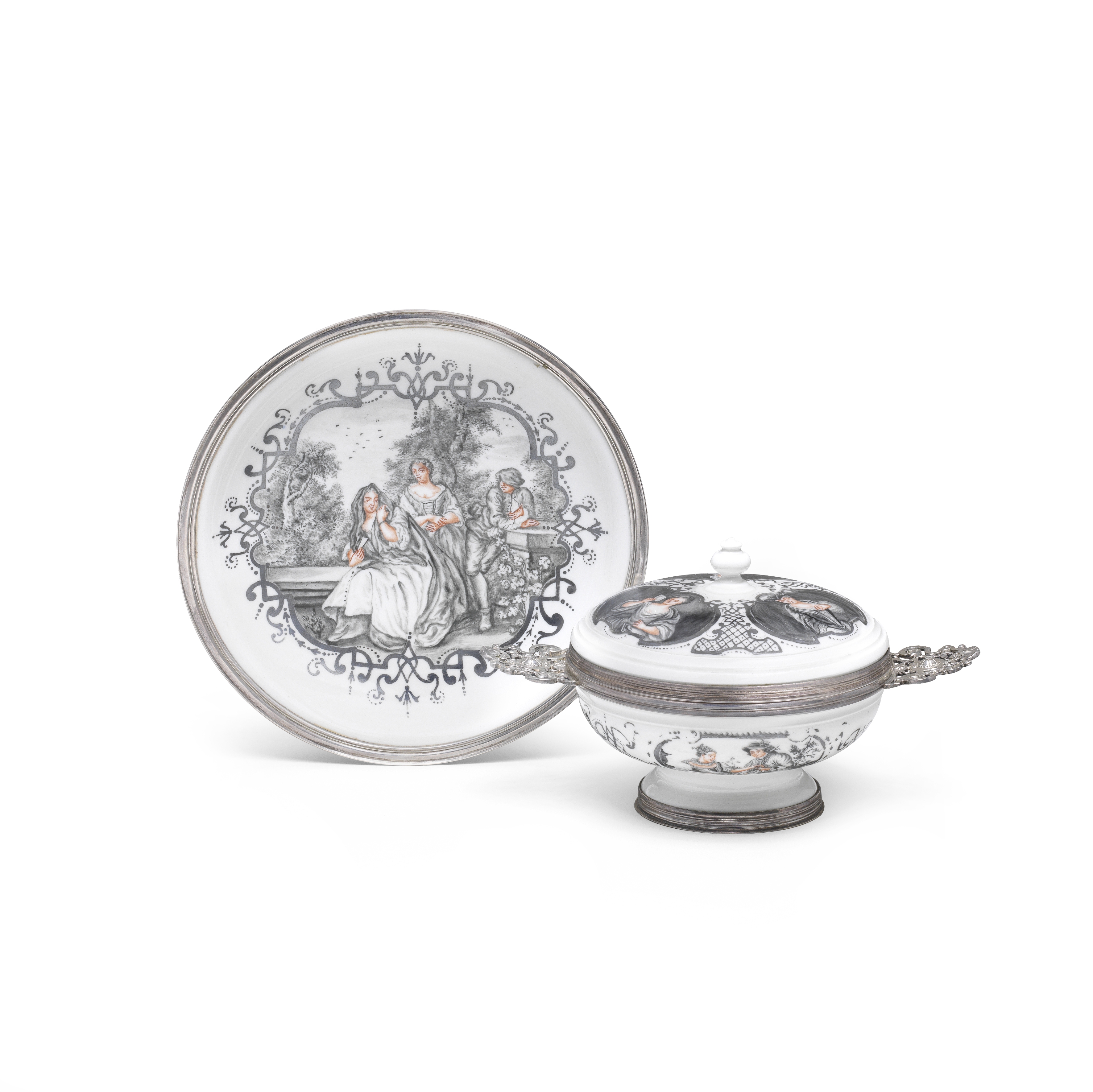 A Meissen silver-mounted Hausmaler ecuelle, cover and stand, circa 1720, the decoration circa 1735
