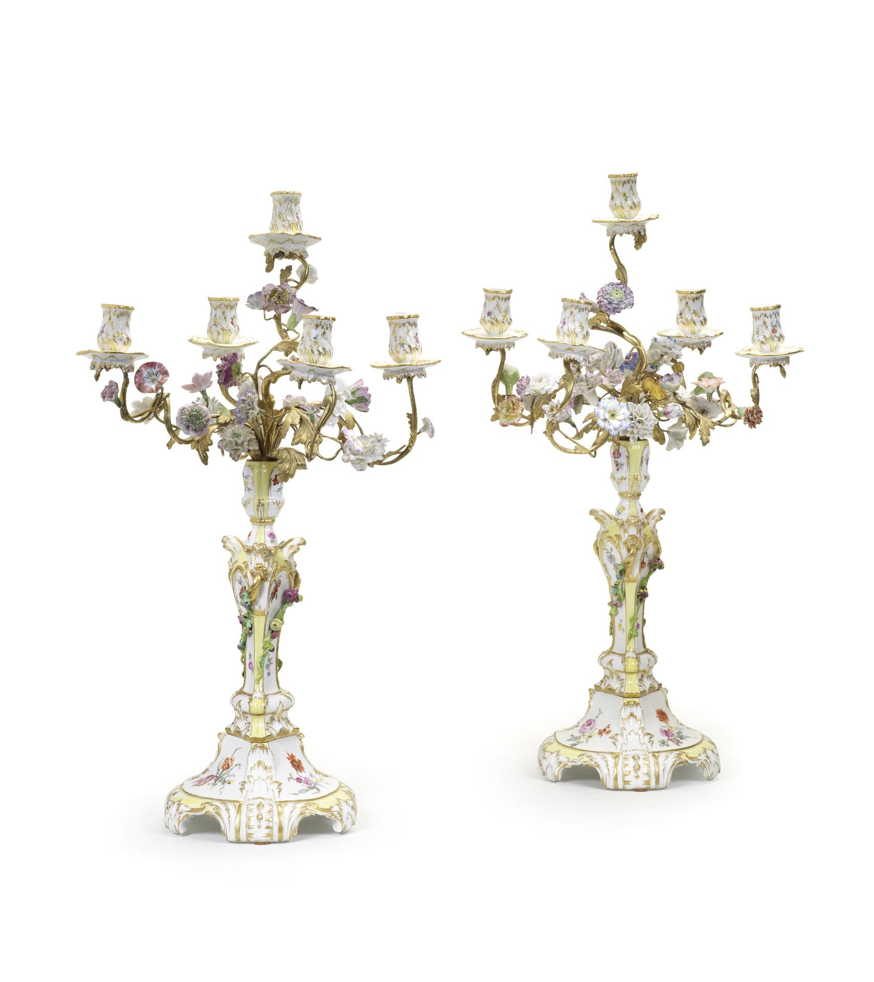 A magnificent and rare pair of Berlin ormolu-mounted yellow ground table candelabra most likely o...