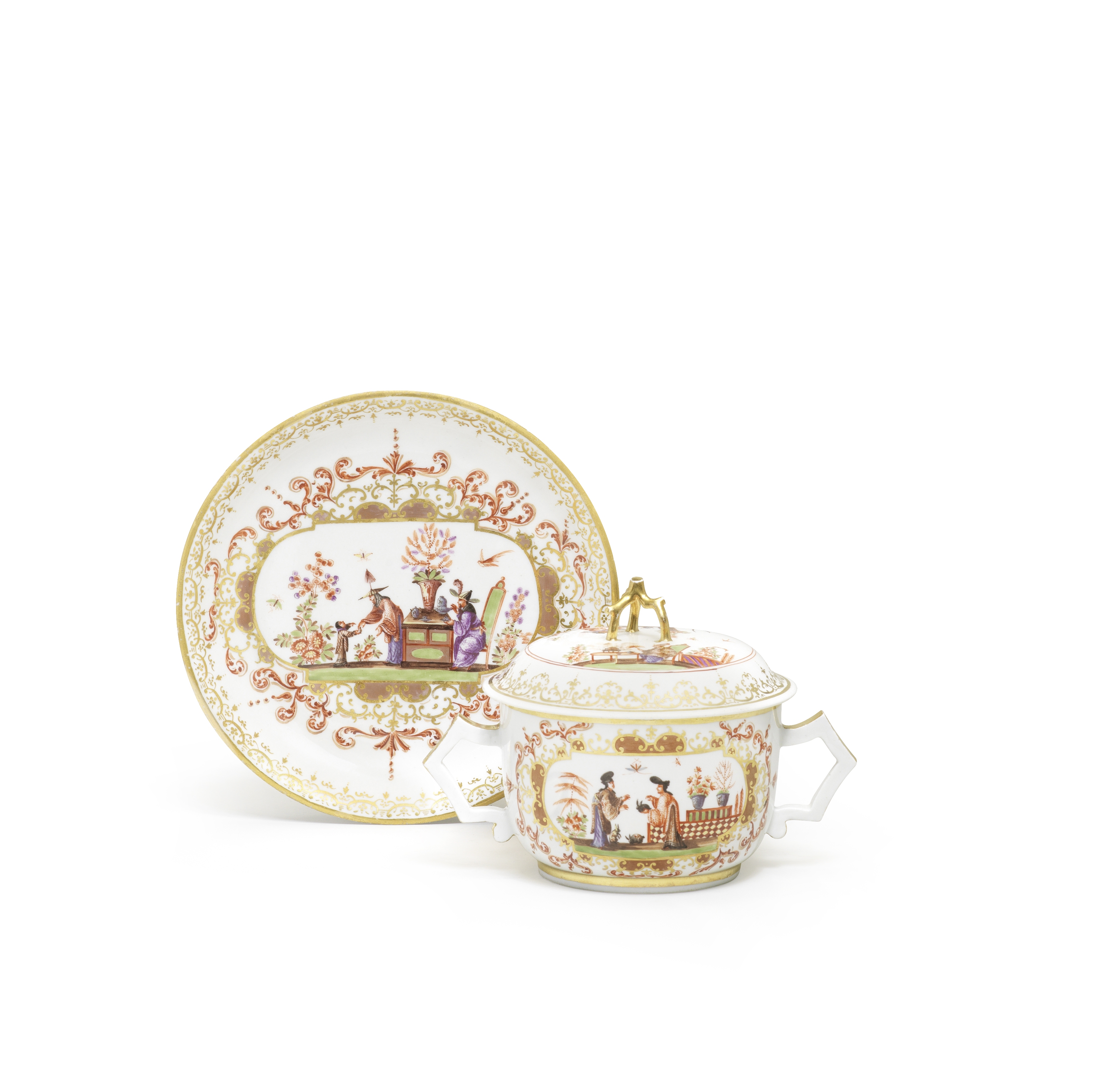 A Meissen two-handled ecuelle, cover and stand, circa 1723