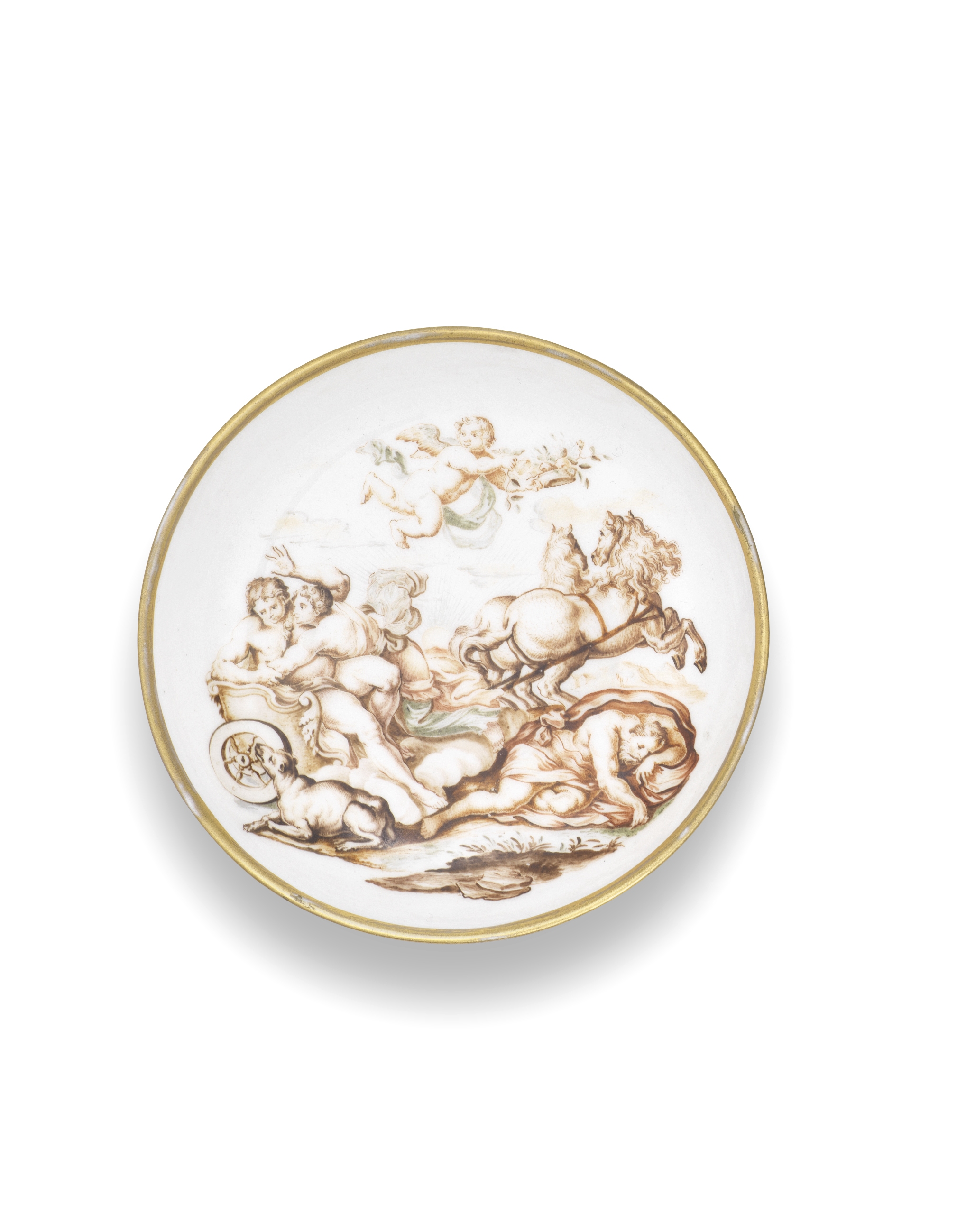 A Meissen Hausmaler saucer, the porcelain circa 1735, the decoration slightly later