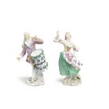 A pair of Meissen figures of a musician and dancer, circa 1755