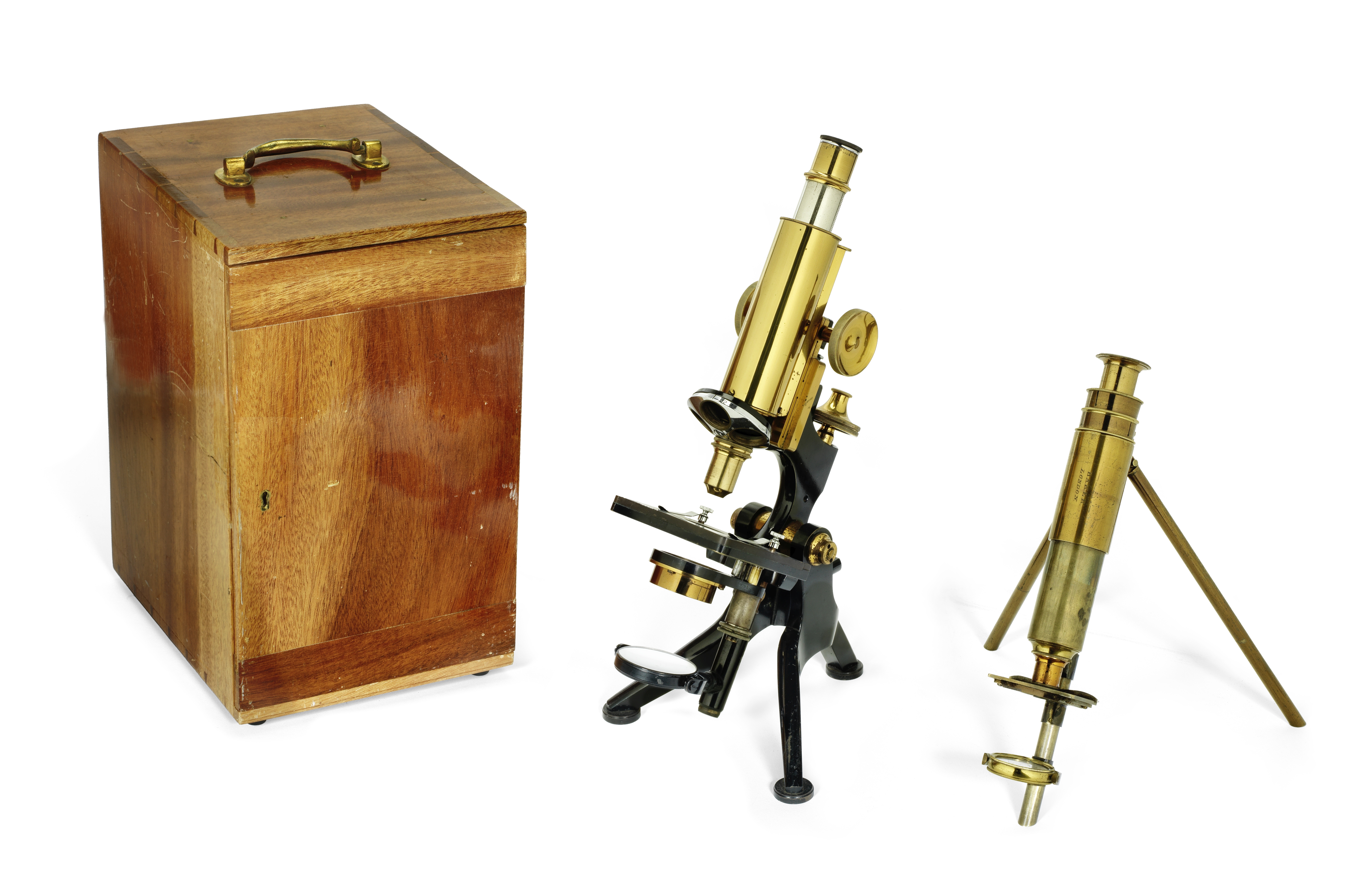 Two compound monocular microscopes, English, early 20th century, (2)