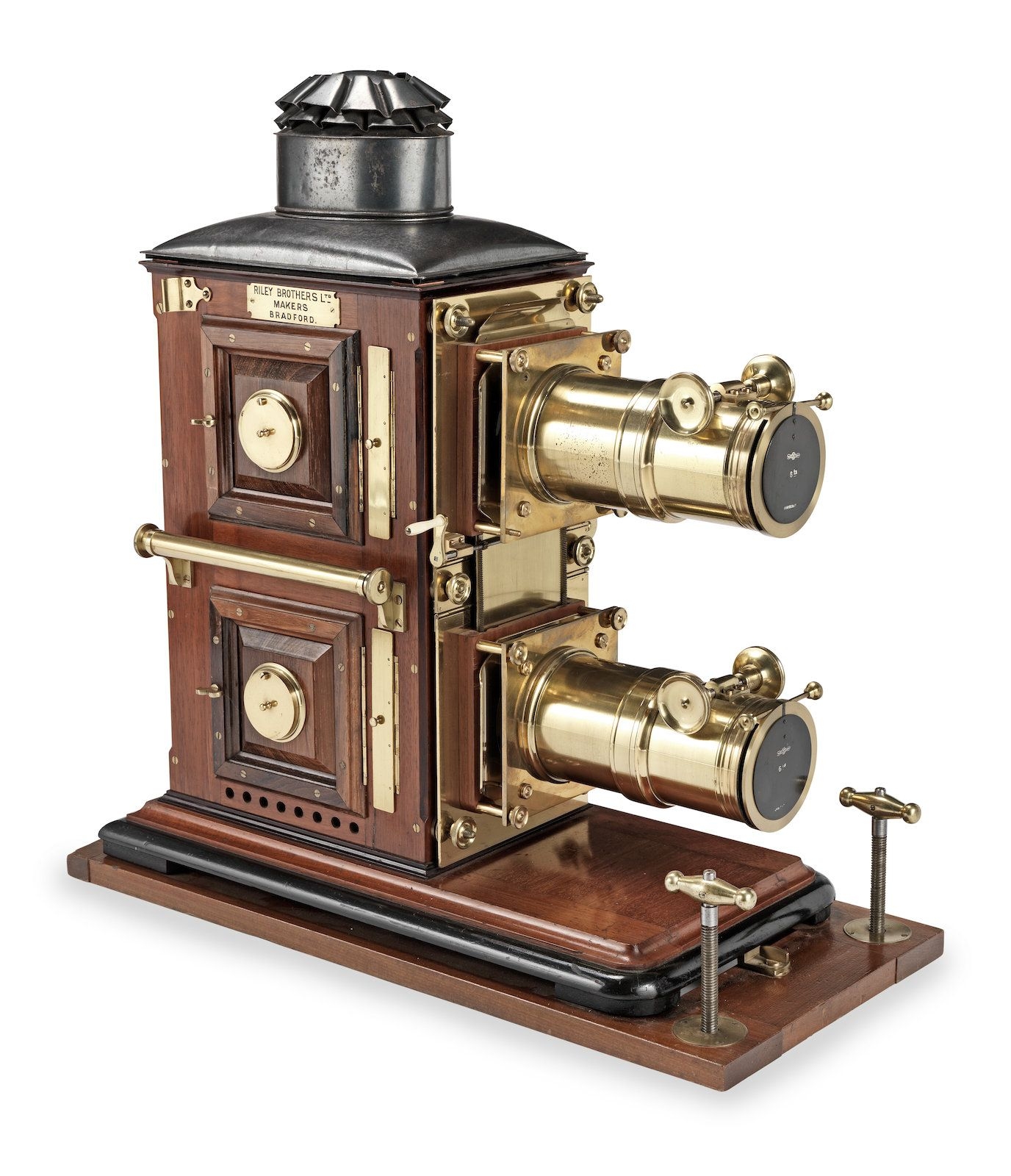 A fine Riley Brothers Ltd bi-unial magic lantern, English, late 19th century,