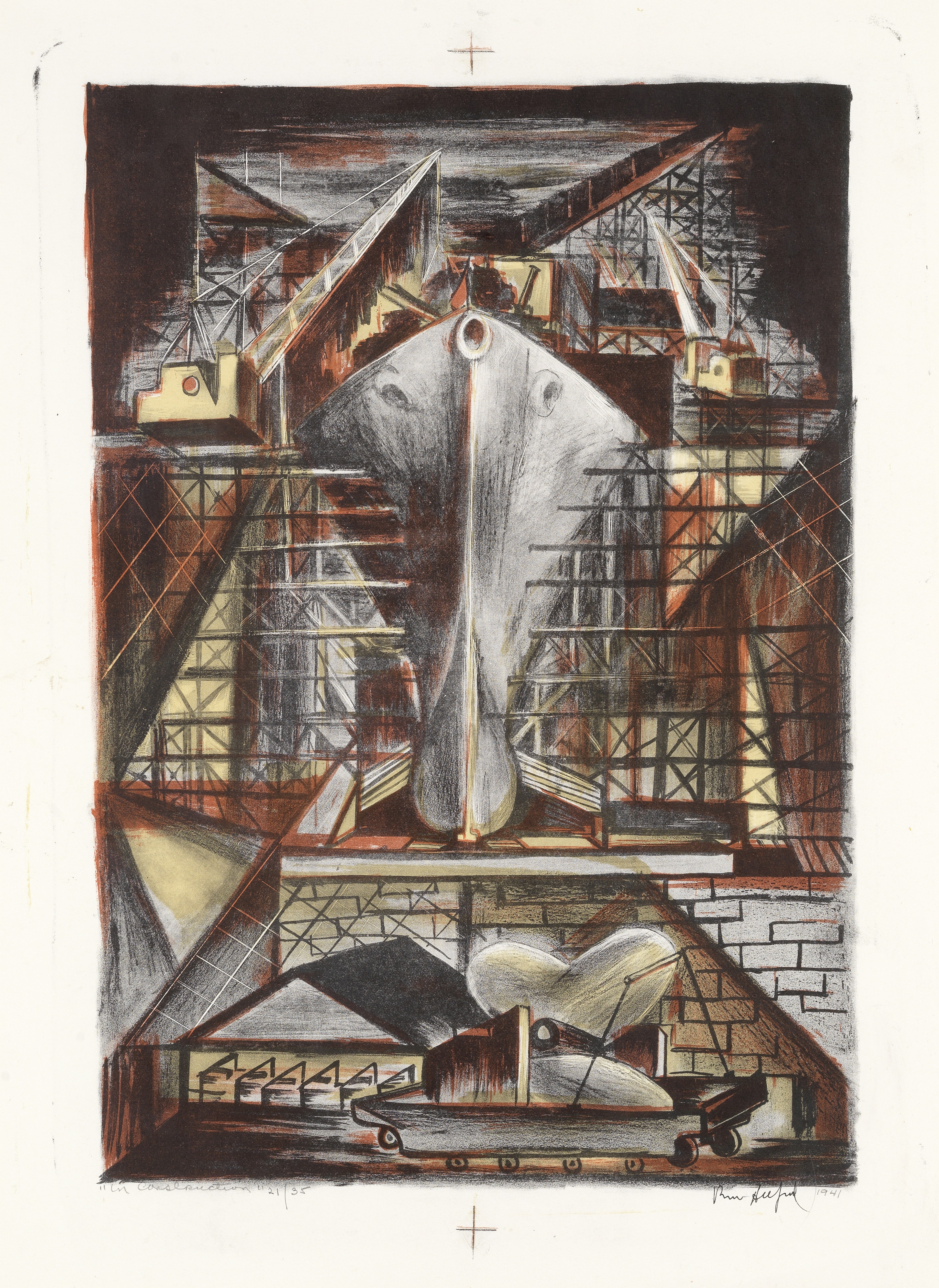 Riva Helfond (American, 1910-2002) In Construction Lithograph printed in colours, 1941, on wove,...