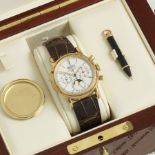 Patek Philippe. A fine 18K gold manual wind perpetual calendar chronograph wristwatch with moon p...