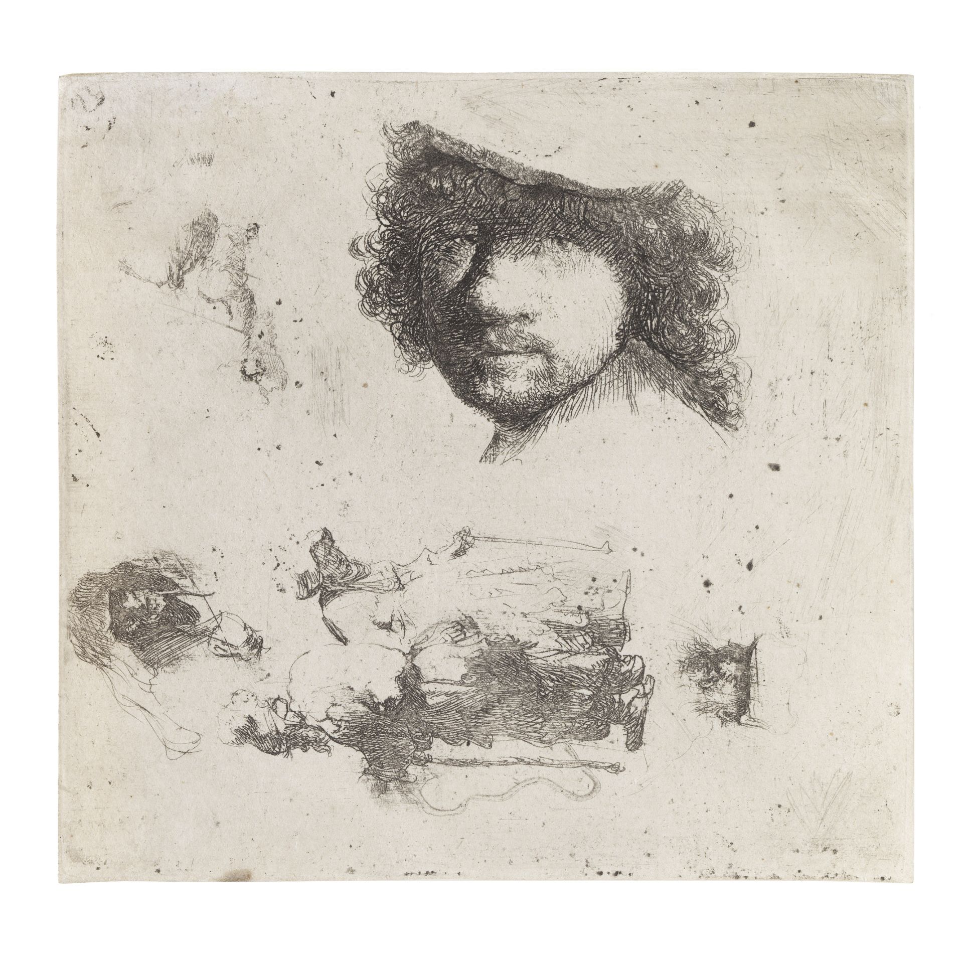 Rembrandt Harmensz van Rijn (1606-1669) Sheet of Studies: Head of the Artist, a Beggar Couple, He...