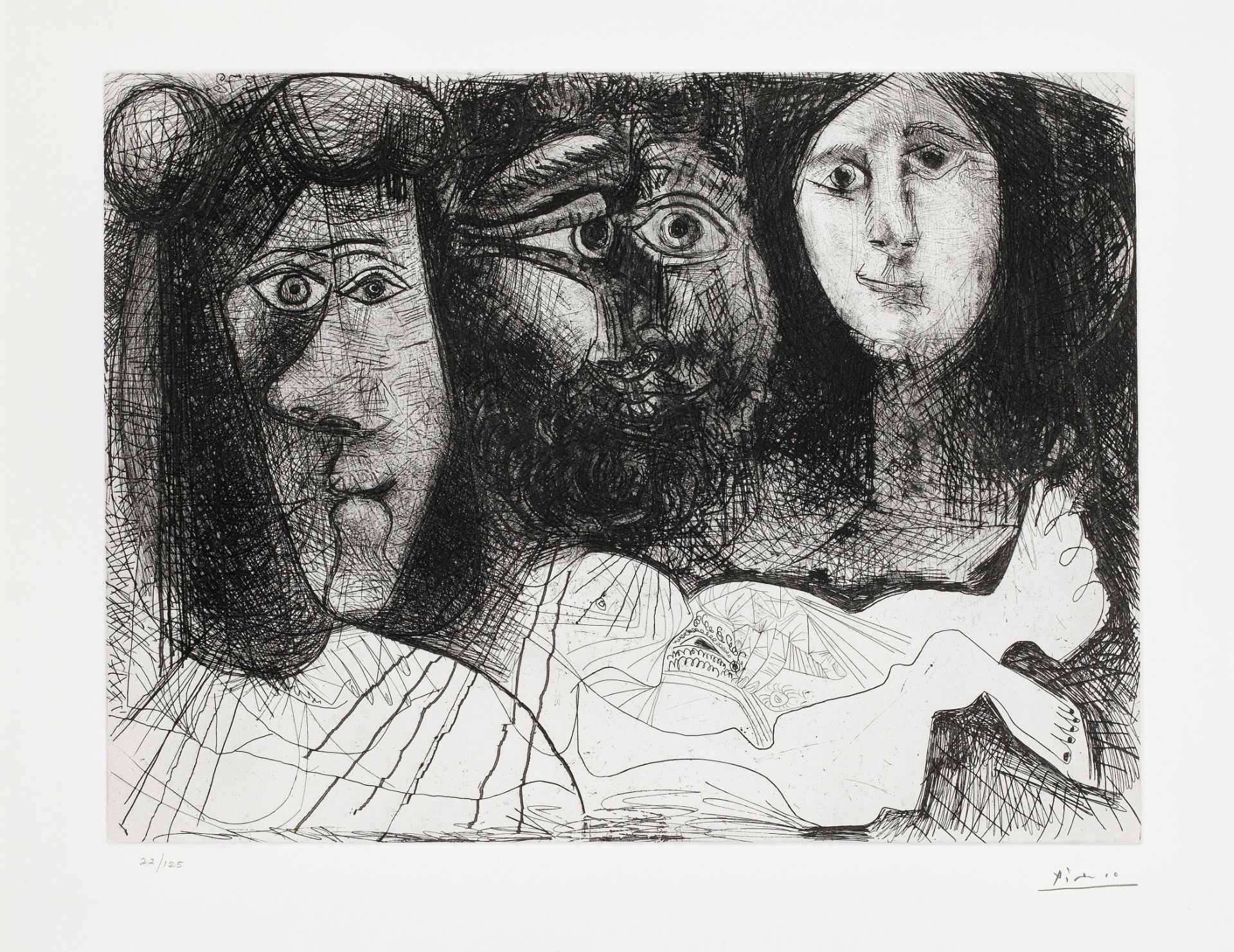 Pablo Picasso (1881-1973) Autoportrait, avec Deux Femmes, from La chute d'Icare Etching with dryp...