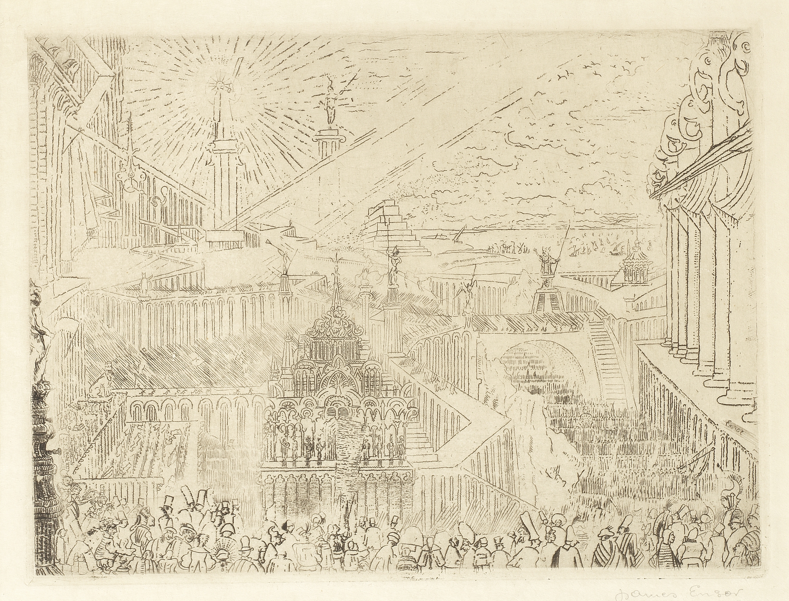 James Ensor (1860-1949) Prise d'une Ville &#201;trange Etching, 1888, on simili-japan paper, bear...