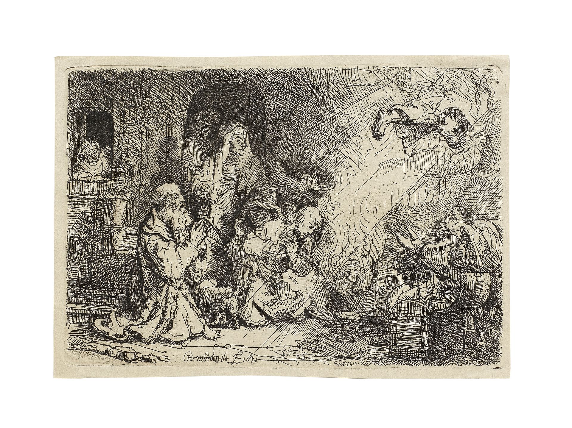Rembrandt Harmensz van Rijn (1606-1669) The Angel departing from the Family of Tobias Etching, 16...