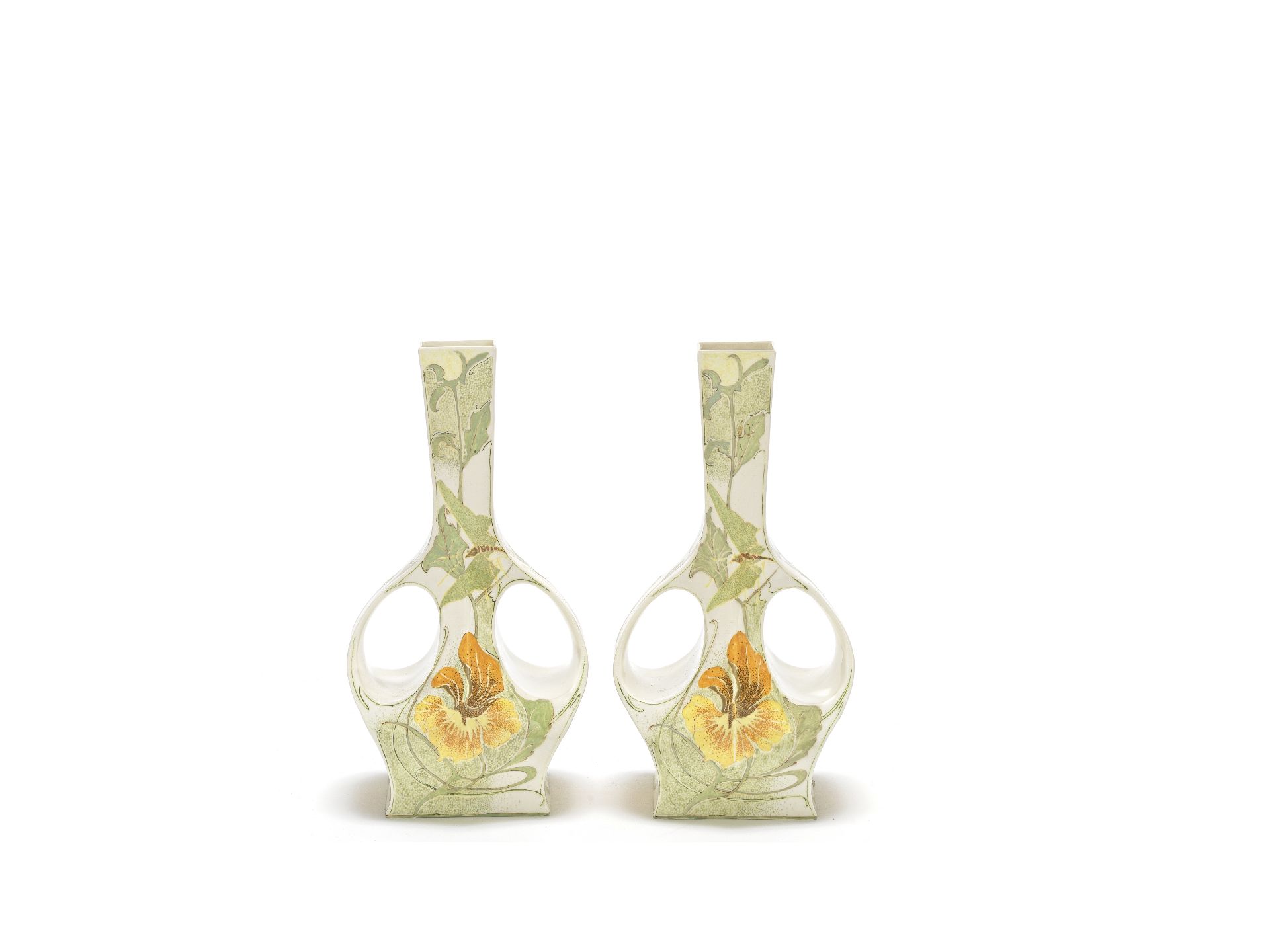 Rozenburg Pair of twin-handled vases with flowers and butterflies, early 20th Century