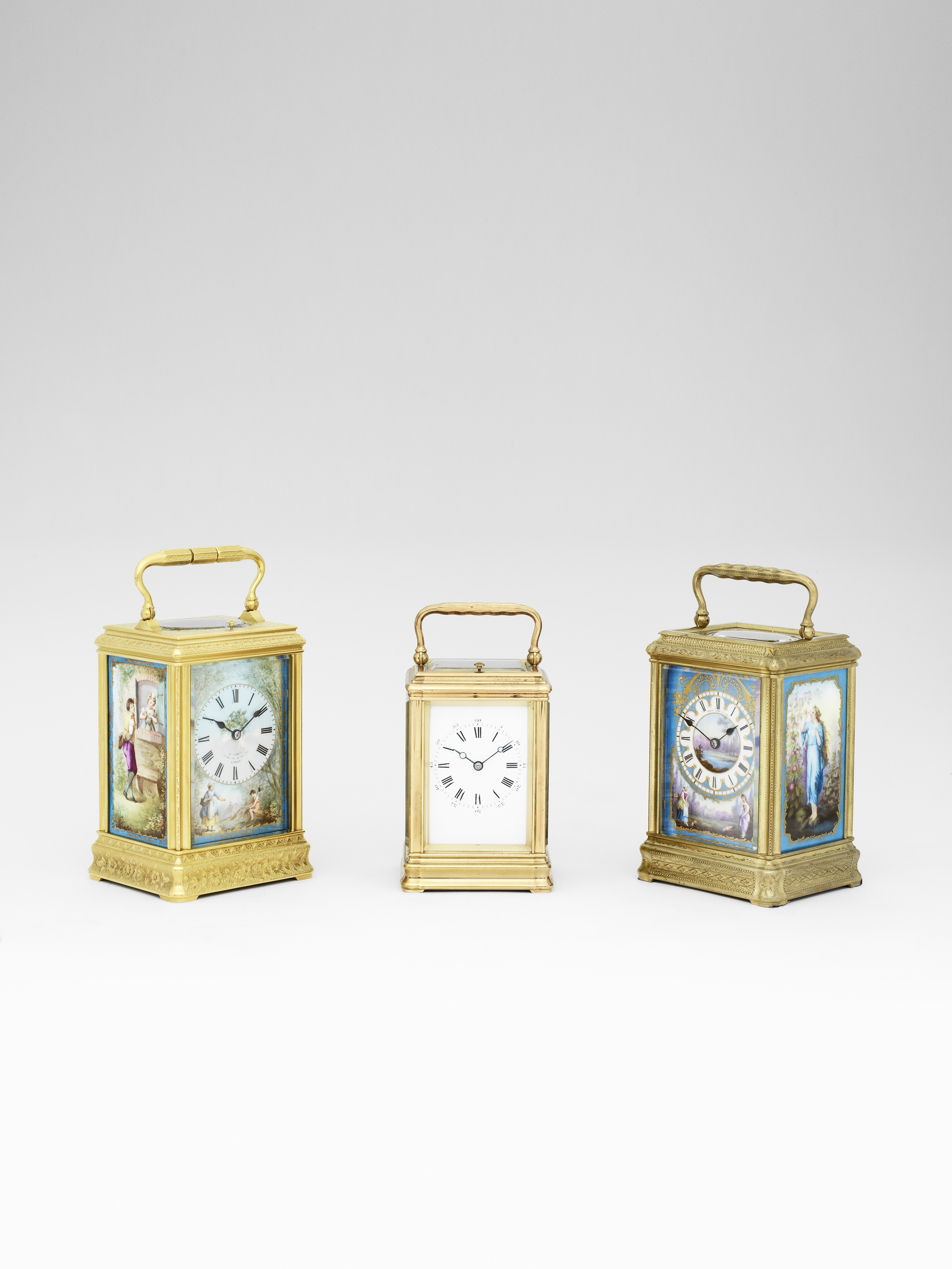 A fine late 19th century French engraved gorge cased enamel panelled carriage clock with original...