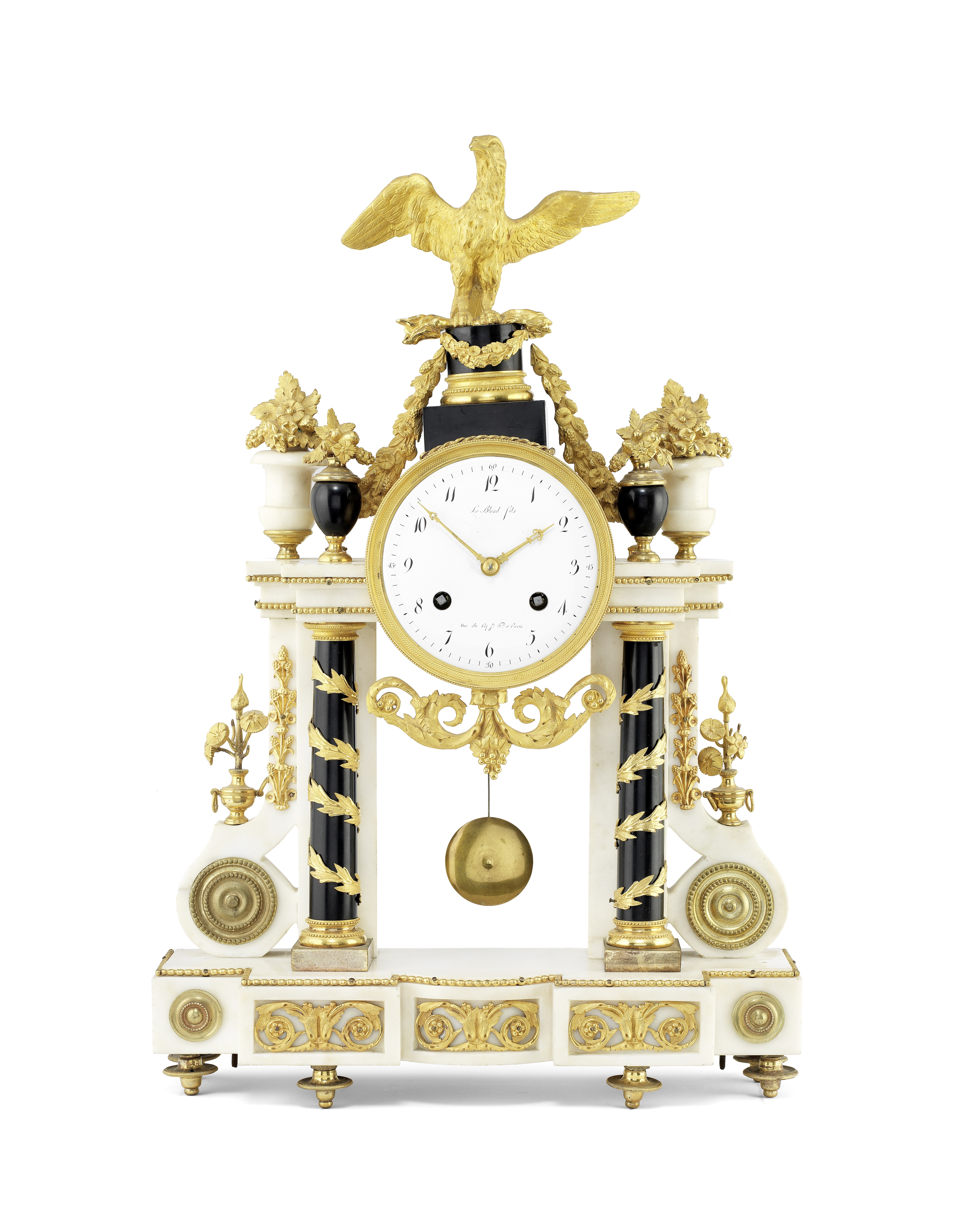 A late 18th century French marble and ormolu mantel clock Le Blond Fils, Rue du Coq St. Hre a Par...
