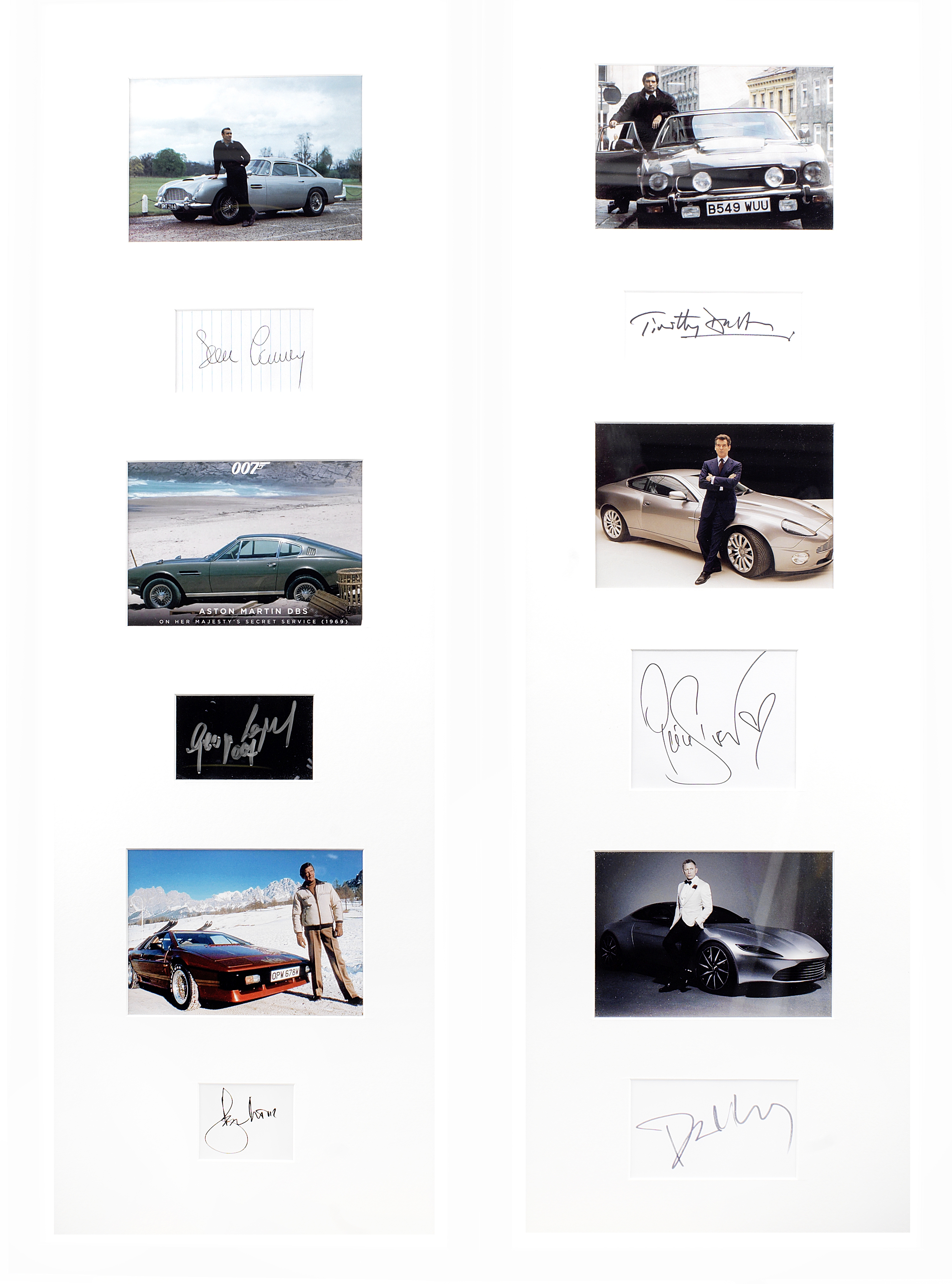 Two framed displays of six James Bond '007' images with associated signatures, featuring Aston Ma...