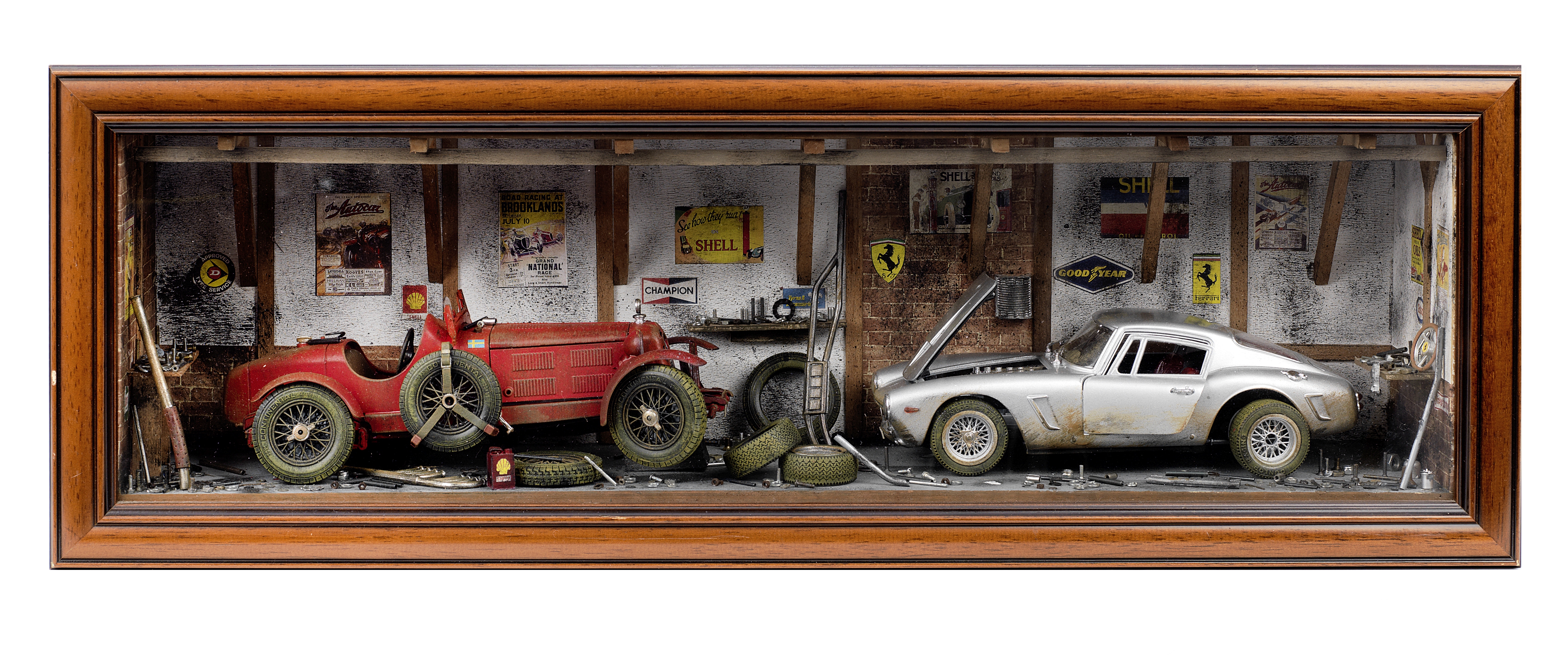 A limited edition garage diorama by Classic Car Art Ltd, featuring two models of an Alfa Romeo 8C...