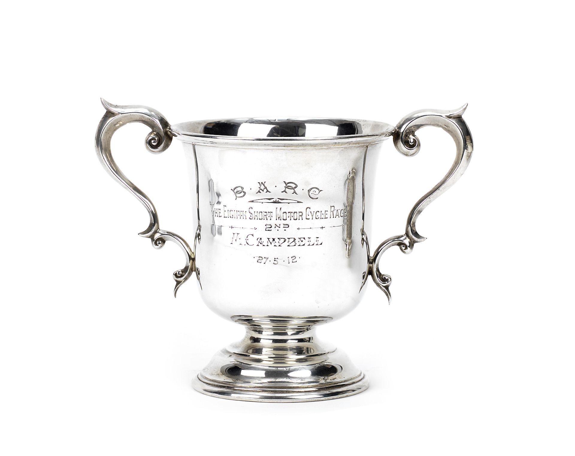 A 1912 BARC Eighth Short Motor Cycle Race 2nd place sterling silver trophy, awarded to Malcolm Ca...