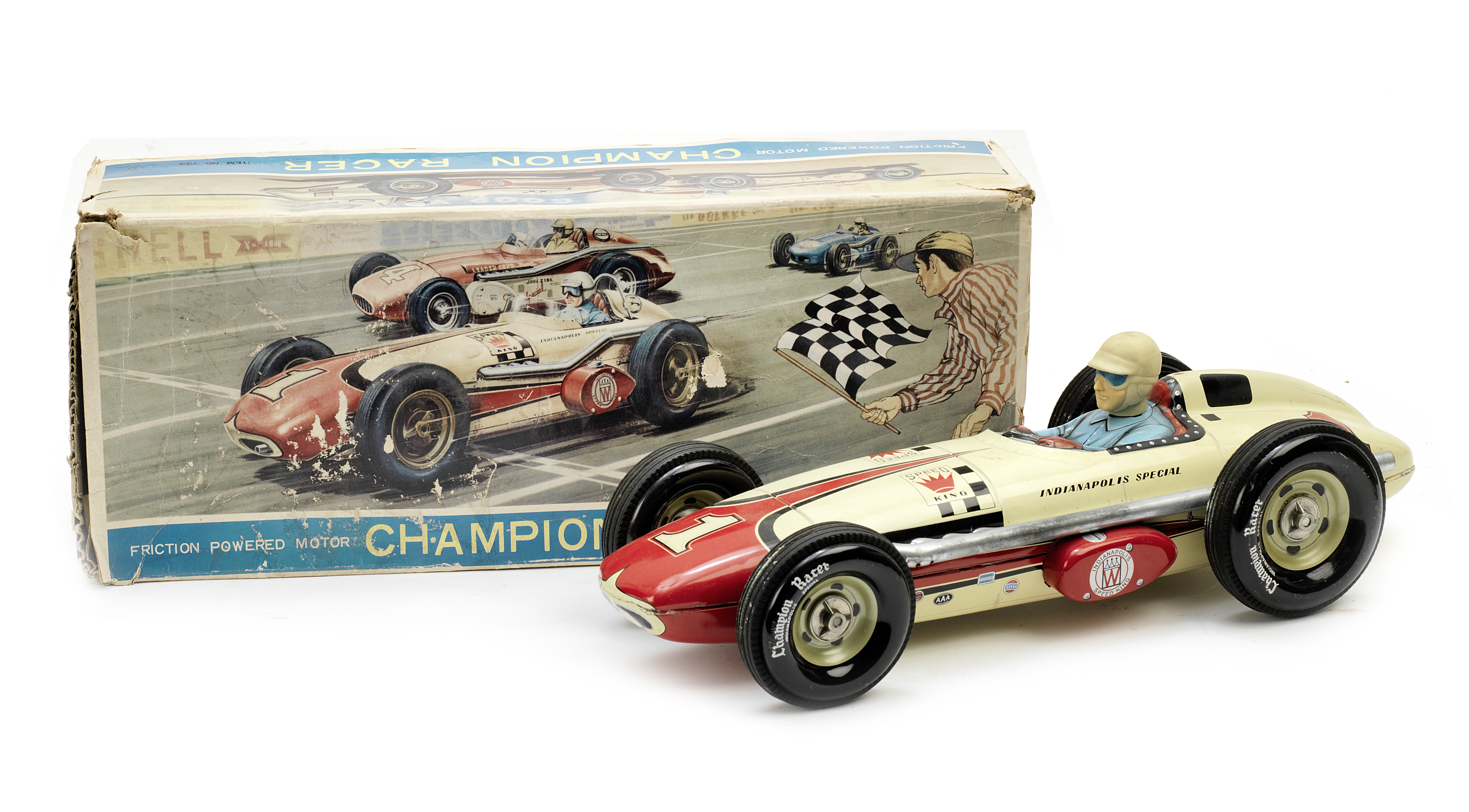 A rare boxed 'Champion Racer Indianapolis Special' friction-powered tin-plate toy by Yonezawa, Ja...