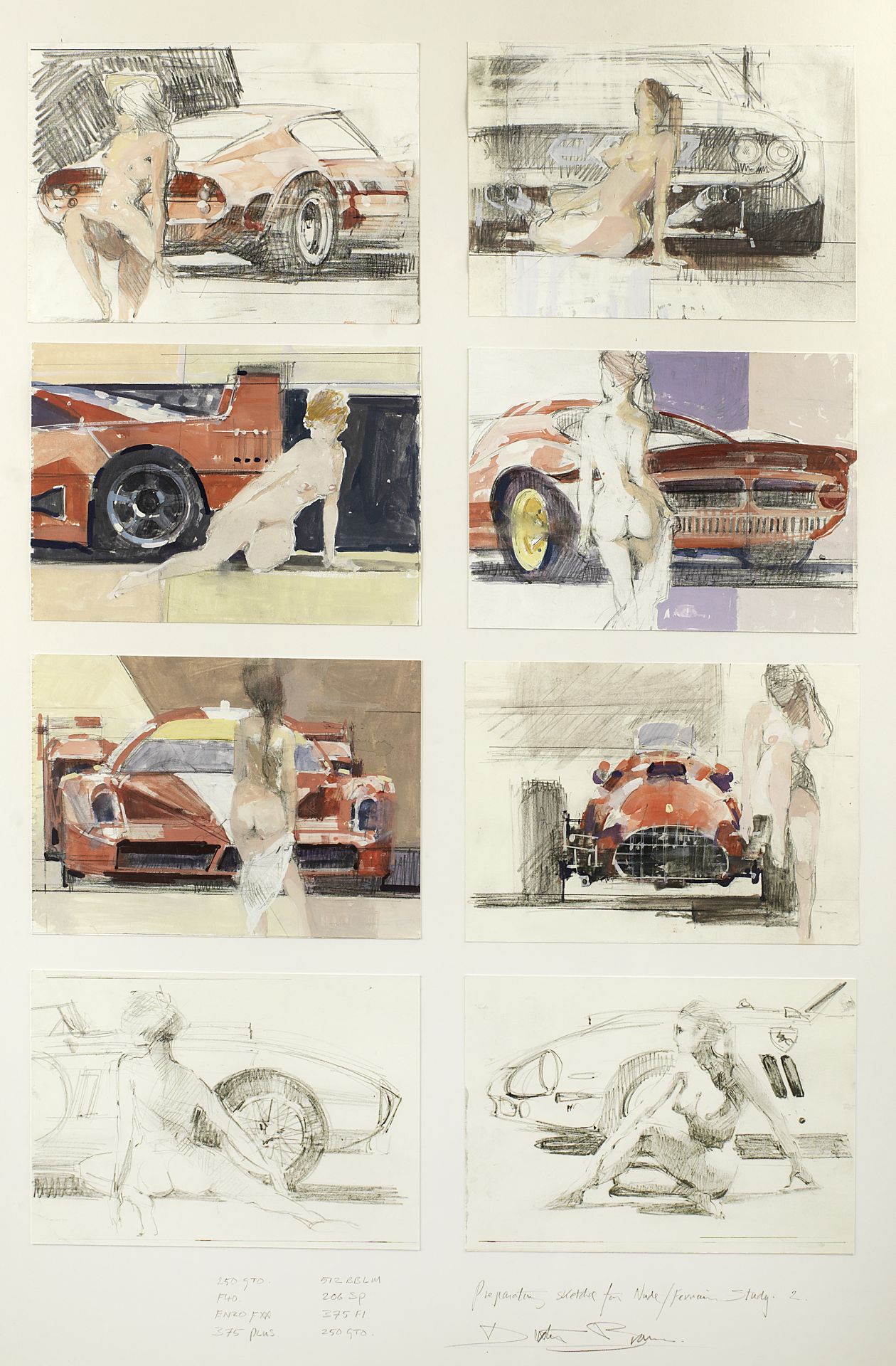 Dexter Brown (1942- ), 'Ferraris and Nudes', two large framed displays of preparatory sketches, ...