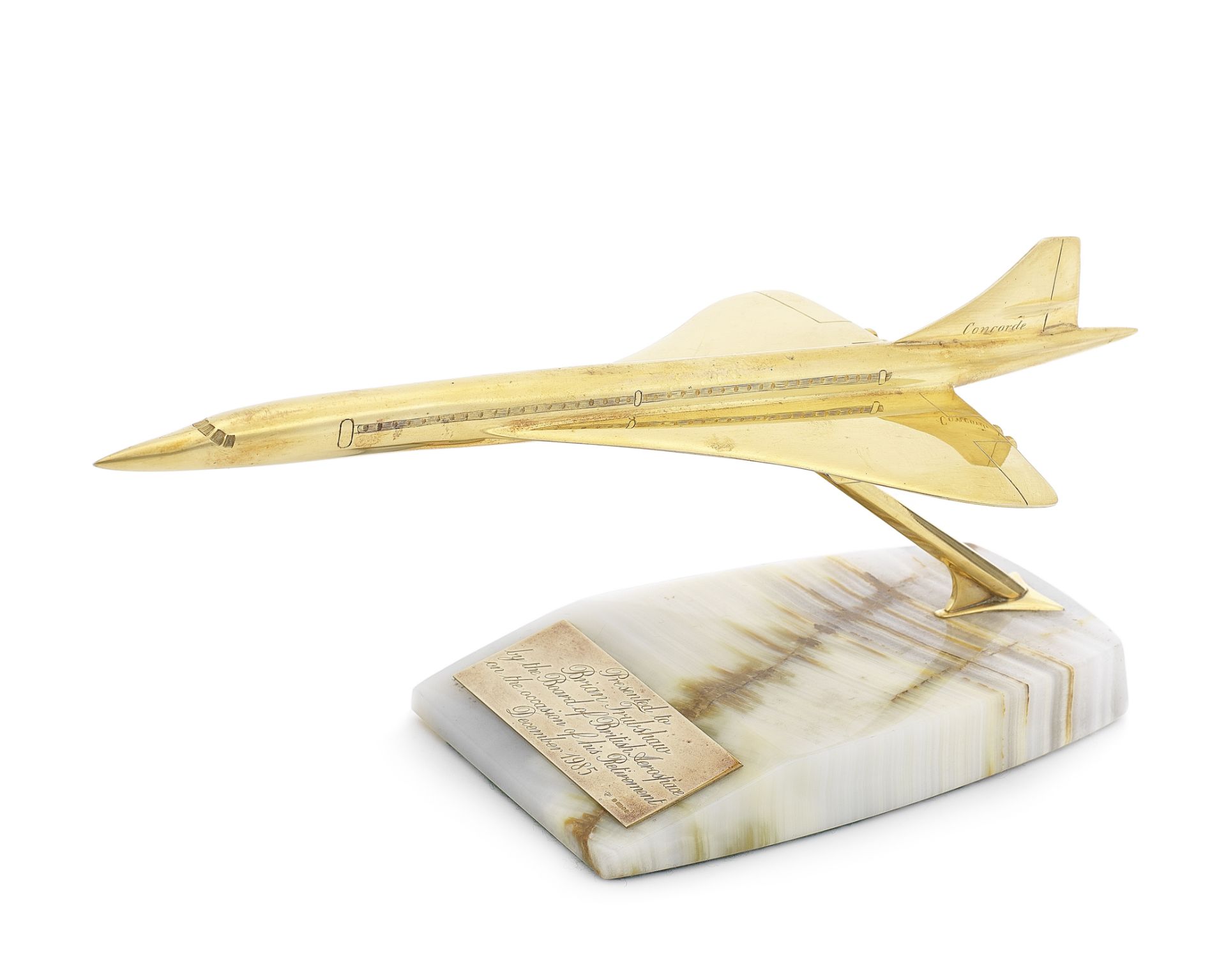 A rare 9 carat gold model Concorde presented to Brian Trubshaw,