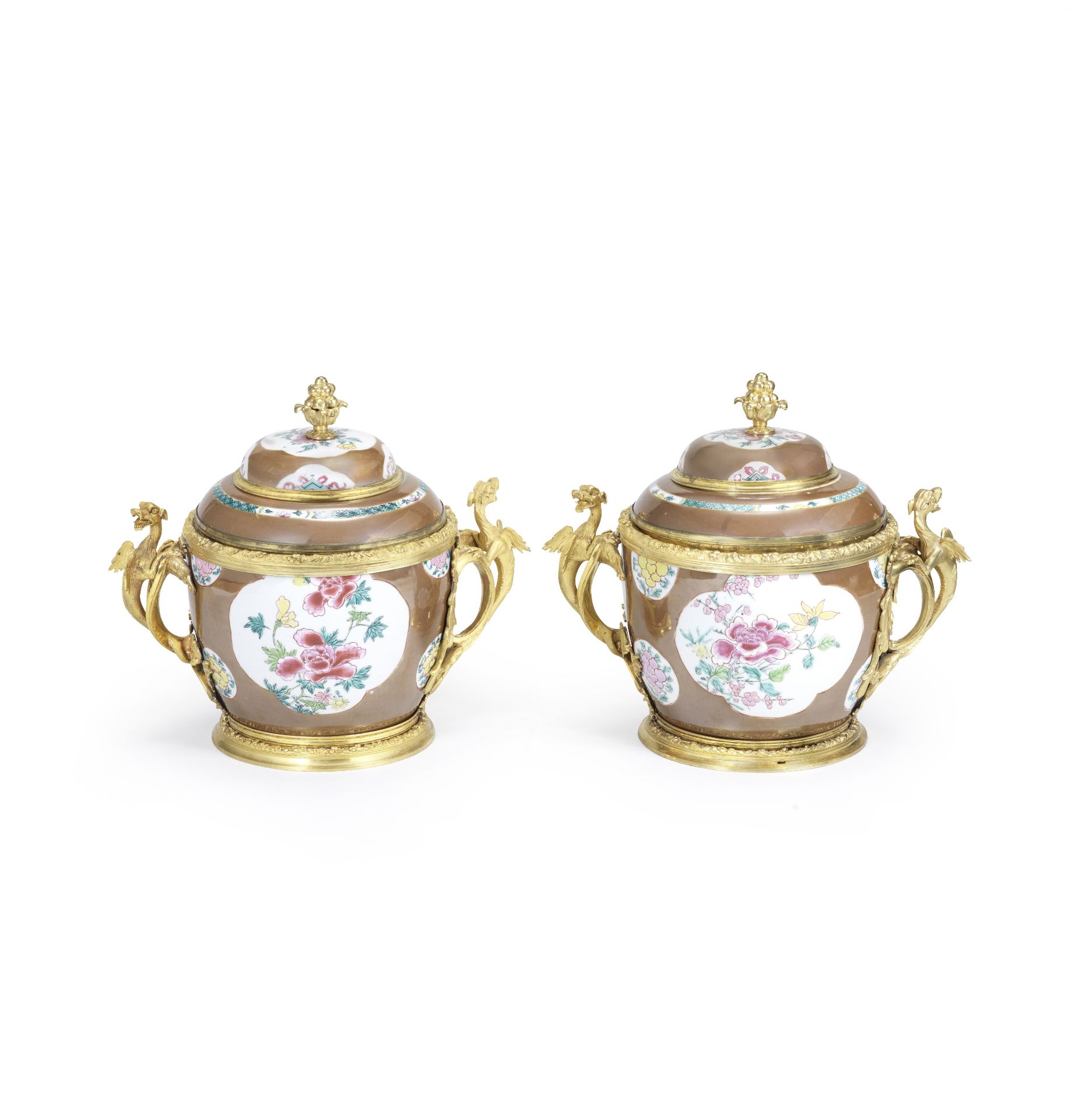 A rare pair of Louis XV gilt bronze mounted Chinese caf&#233; au lait ground famille rose porcela...