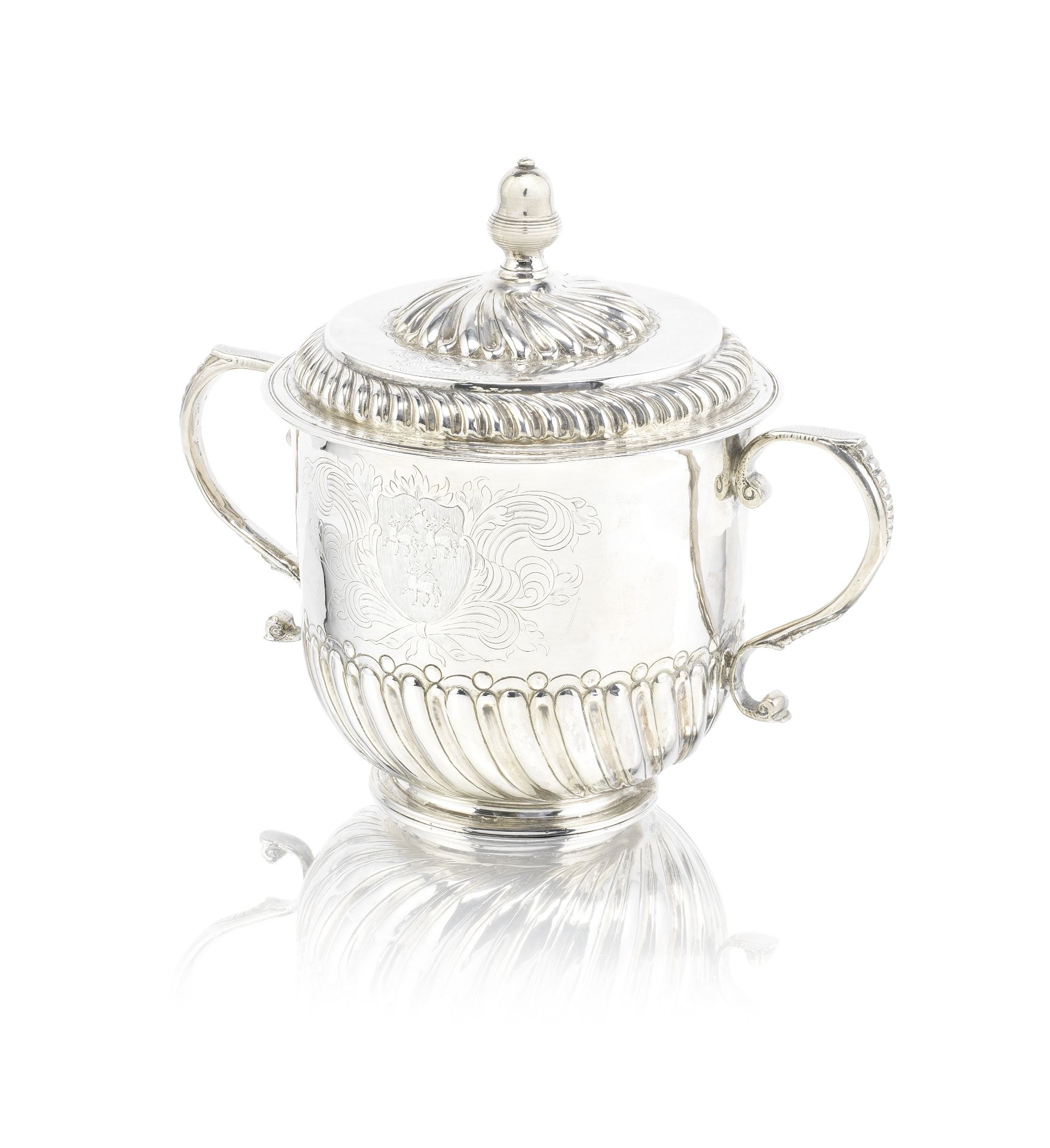 A William and Mary silver two-handled cup and cover maker's mark 'IA' conjoined, probably John Au...