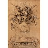 A rare late 18th century relief-carved lime wood panel depicting a vase of flowers, signed and da...