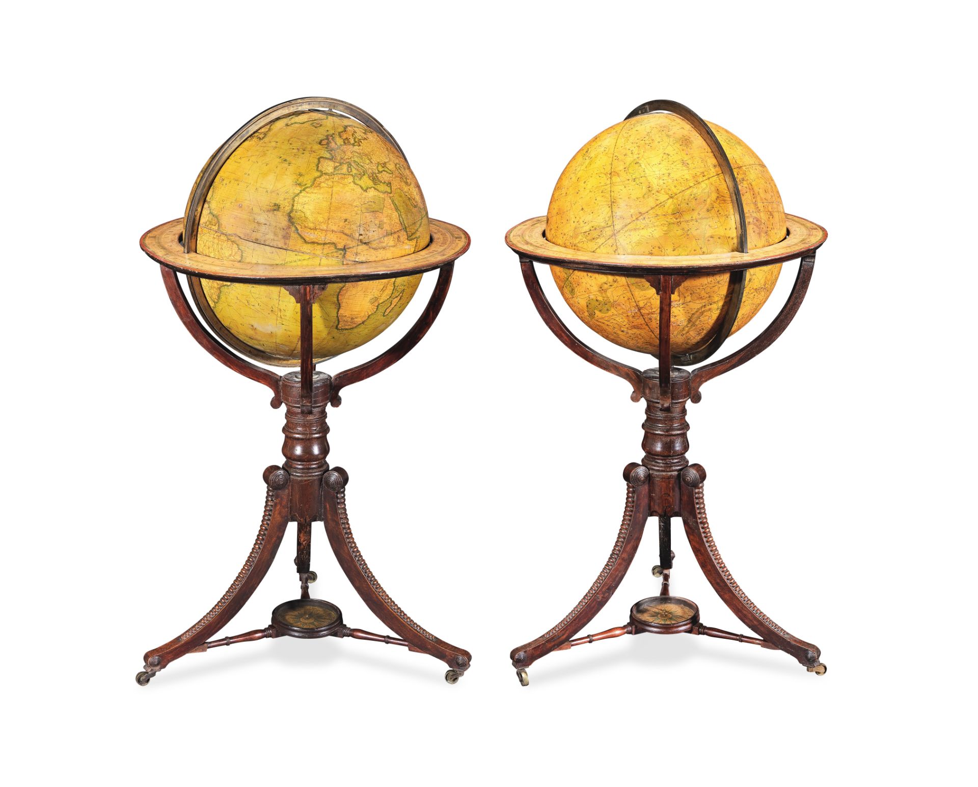 A 19th Century pair of Terraqueous and Celestial Library Globes on stand by John Addison, 111 cm ...