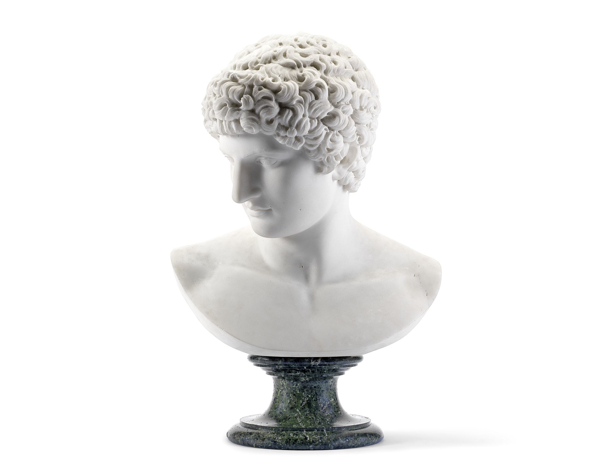 An early 19th century Italian Grand Tour carved white marble bust of Antinous after the antique