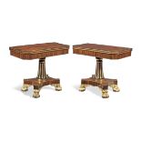 A pair of Regency rosewood, calamander banded, parcel gilt and simulated rosewood card tablesin t...