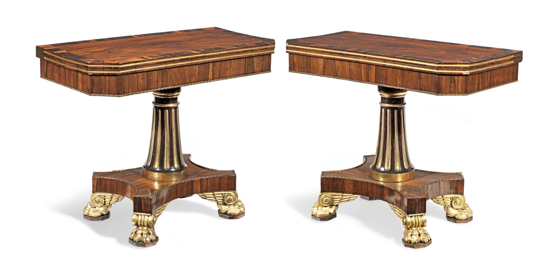A pair of Regency rosewood, calamander banded, parcel gilt and simulated rosewood card tablesin t...