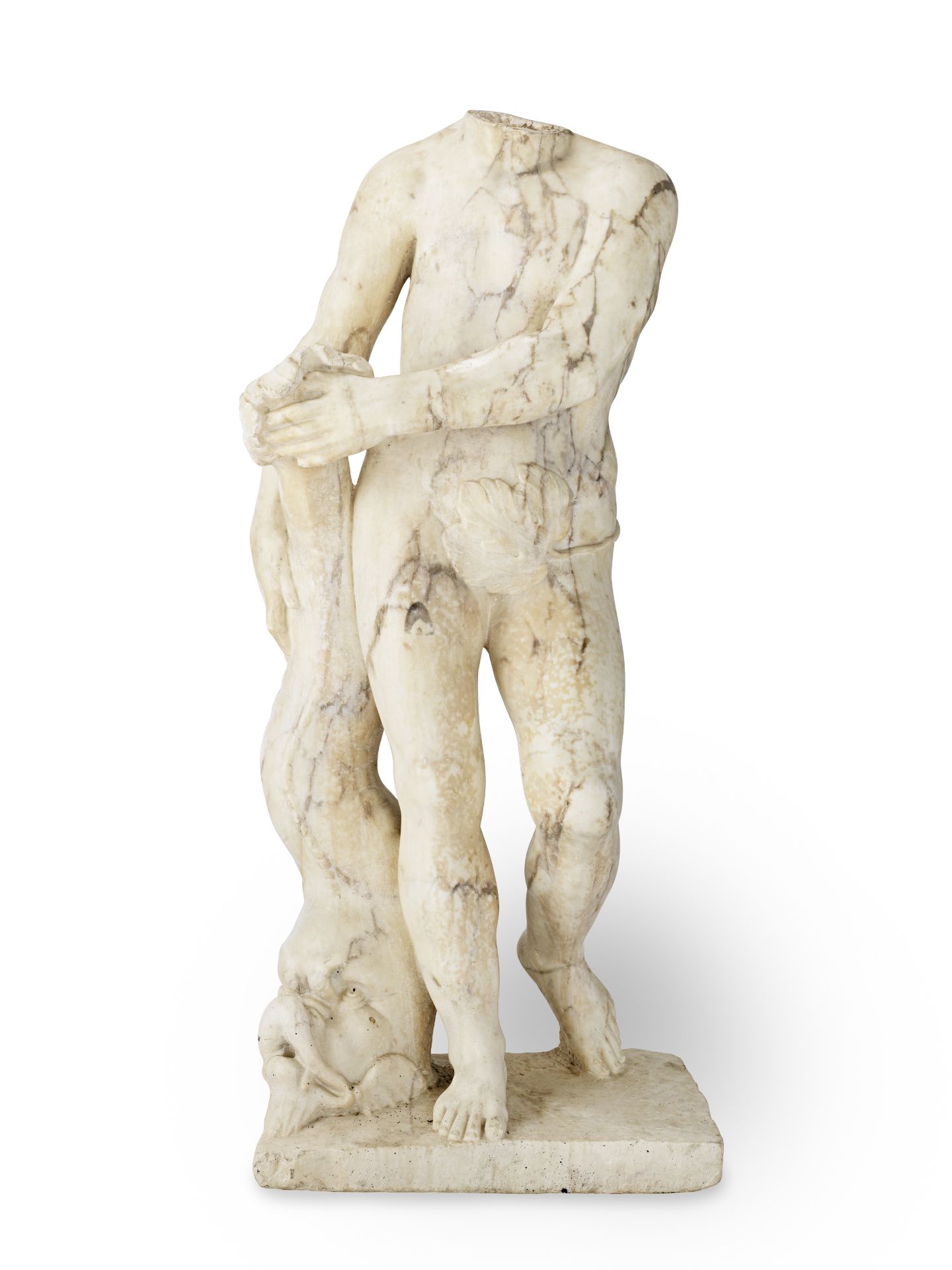 An Italian carved veined marble fountain figure of Neptune holding a dolphin, probably 16th century