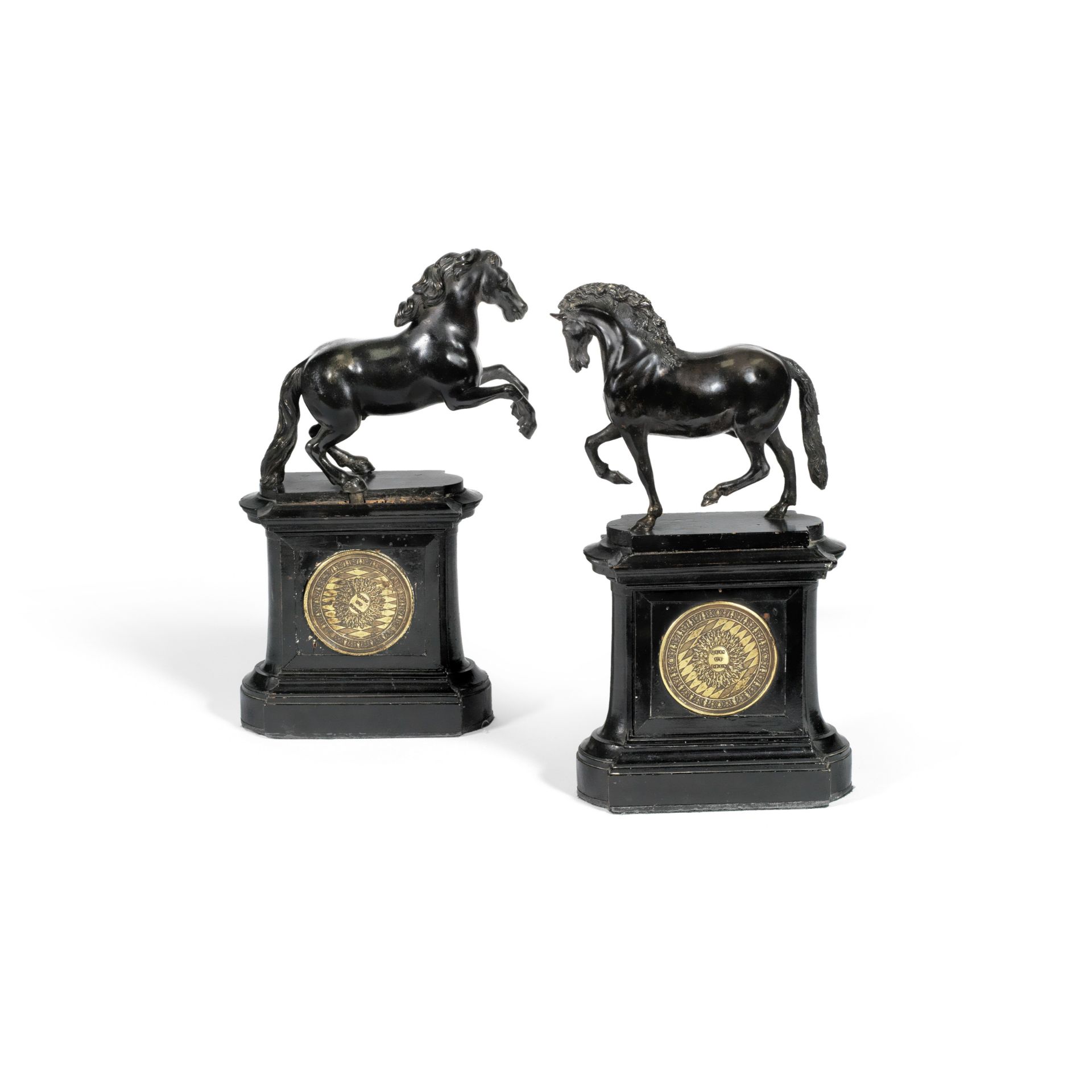 After Francesco Fanelli (Italian, 1590&#8211;1653): A pair of patinated bronze horses one horse e...