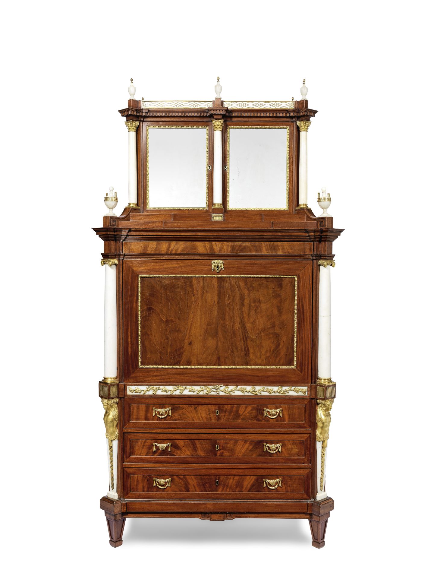 A German late 18th century ormolu and white marble mounted mahogany, burr elm, maple, mother-of-p...