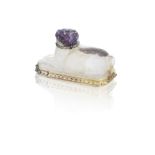 An 18th century German gold and amethystine quartz pug dog box Dresden circa 1750, with later Swe...