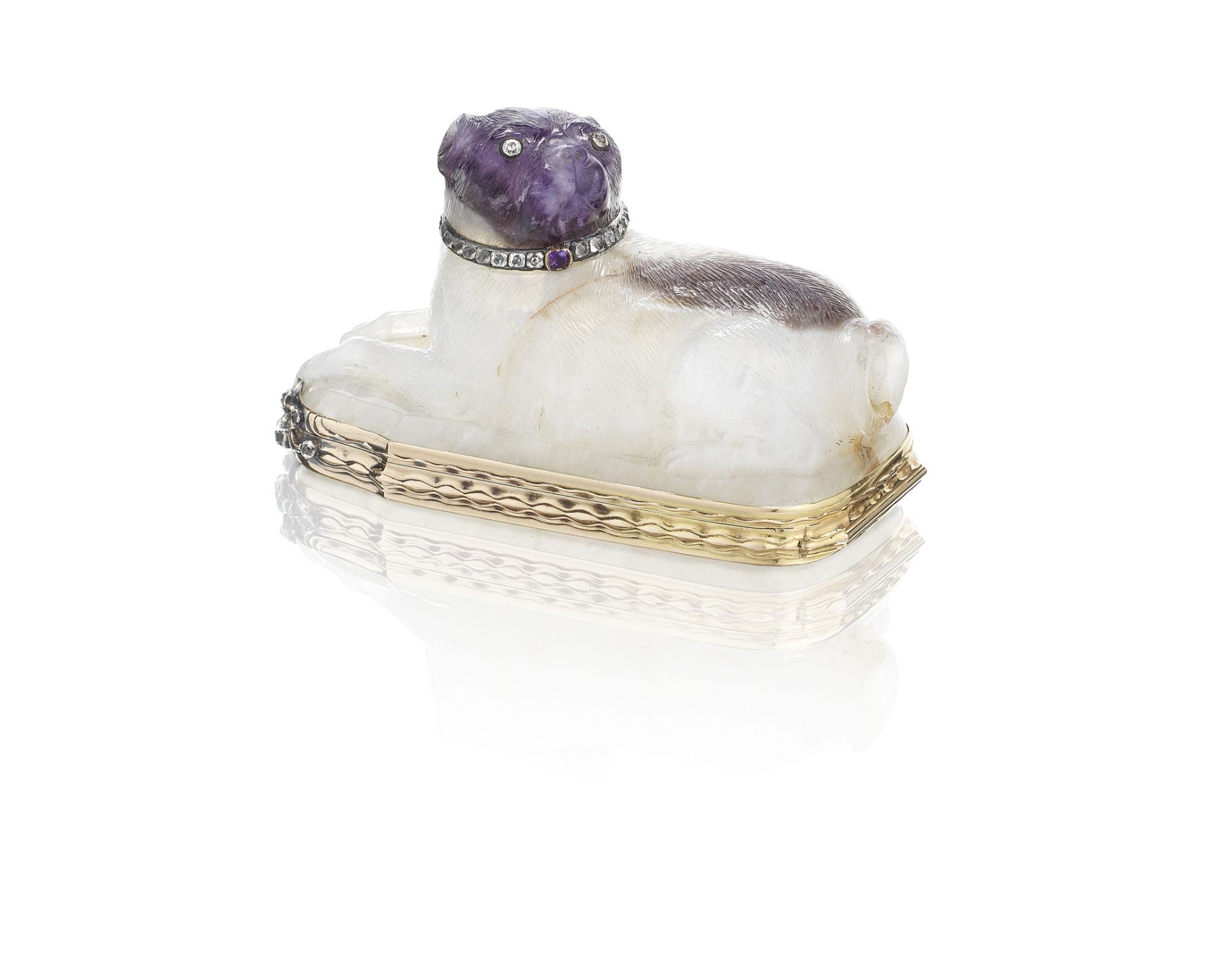 An 18th century German gold and amethystine quartz pug dog box Dresden circa 1750, with later Swe...