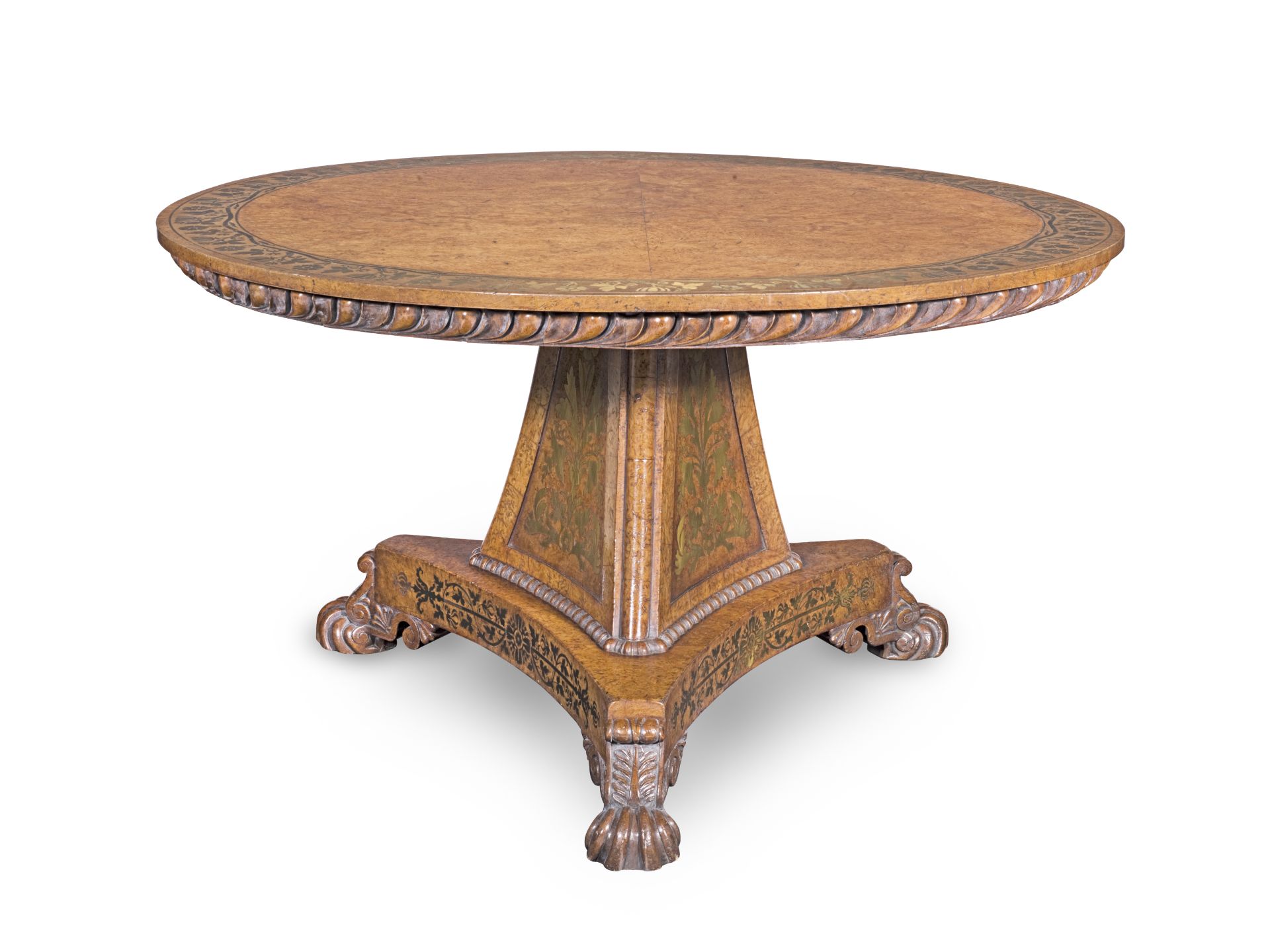 A Regency burr elm, pollard oak and brass inlaid breakfast table attributed to the workshop or ci...