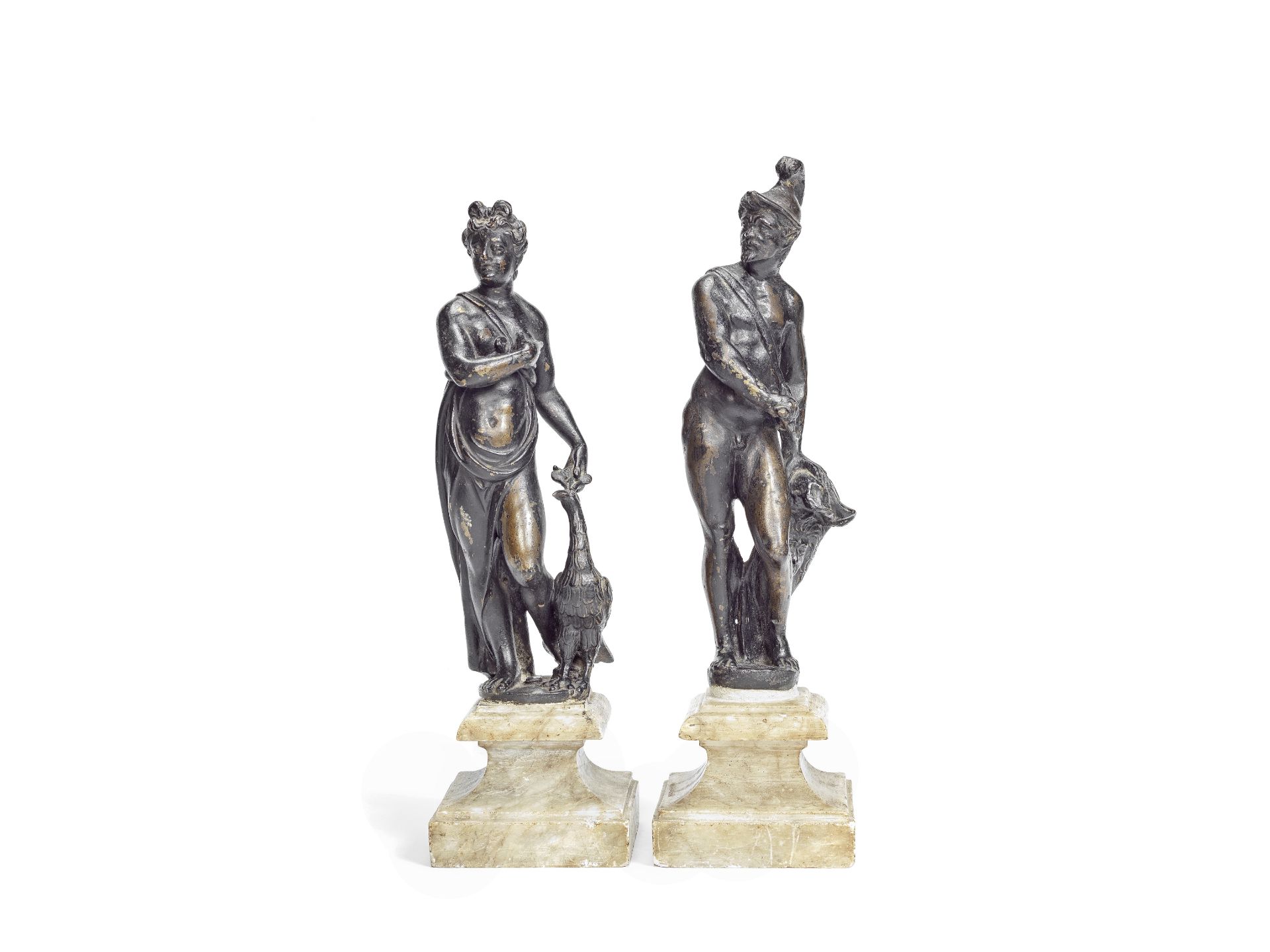 A matched pair of 17th century loaded bronze andiron figures of Mars and Juno probably Flemish an...