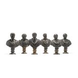 A 'half set' of six late 18th century Italian patinated and parcel gilt bronze busts of Roman Emp...