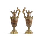 A pair of late 19th century Ferdinand Barbedienne gilt bronze mounted banded agate figural garnit...